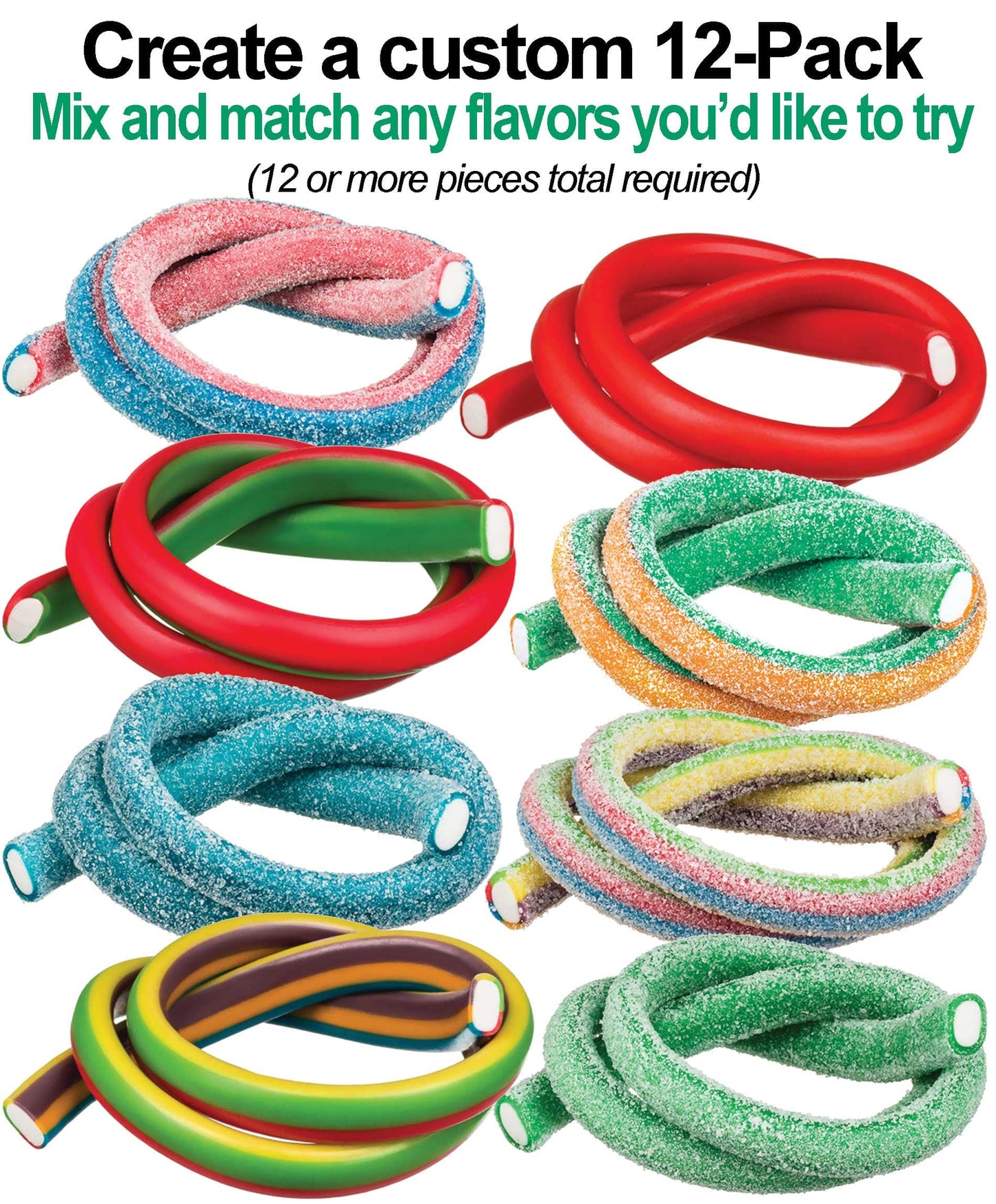Meeega Cables Gummy Rope Meeega Cables European Chewy Rope Candy - Custom 12-Pack individually wrapped Meeega Cables, each over 2-feet long cups with lids and straws