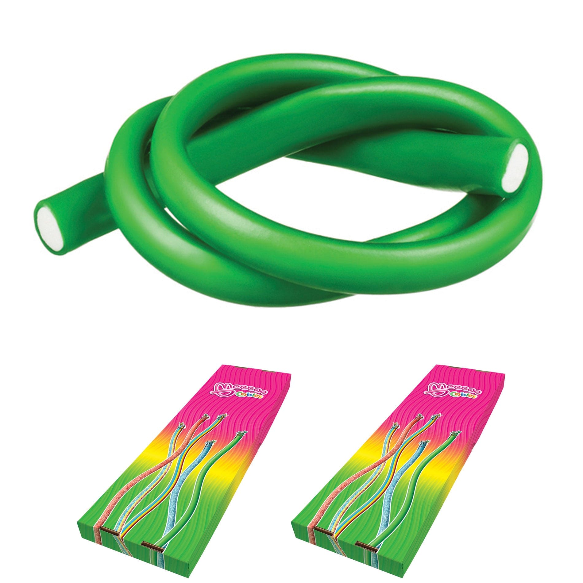 Novelty Concessions Gummy Rope APPLE / 2 Pack (60 pieces) Meeega Cables European Chewy Rope Candy - Box of 30 individually wrapped Meeega Cables, each over 2-feet long cups with lids and straws