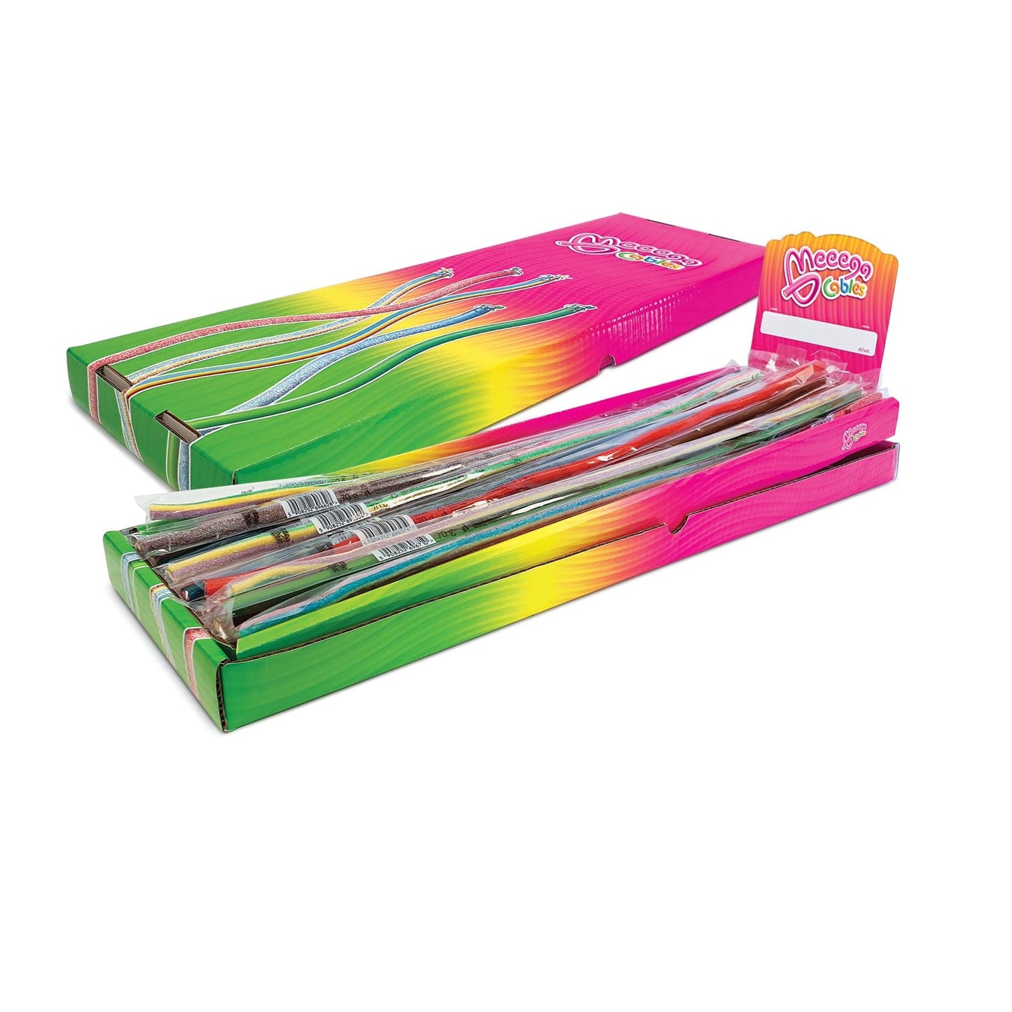 Novelty Concessions Meeega Cables European chewy rope candy - Box of 30 individually wrapped Meeega Cables, each over 2-feet long cups with lids and straws