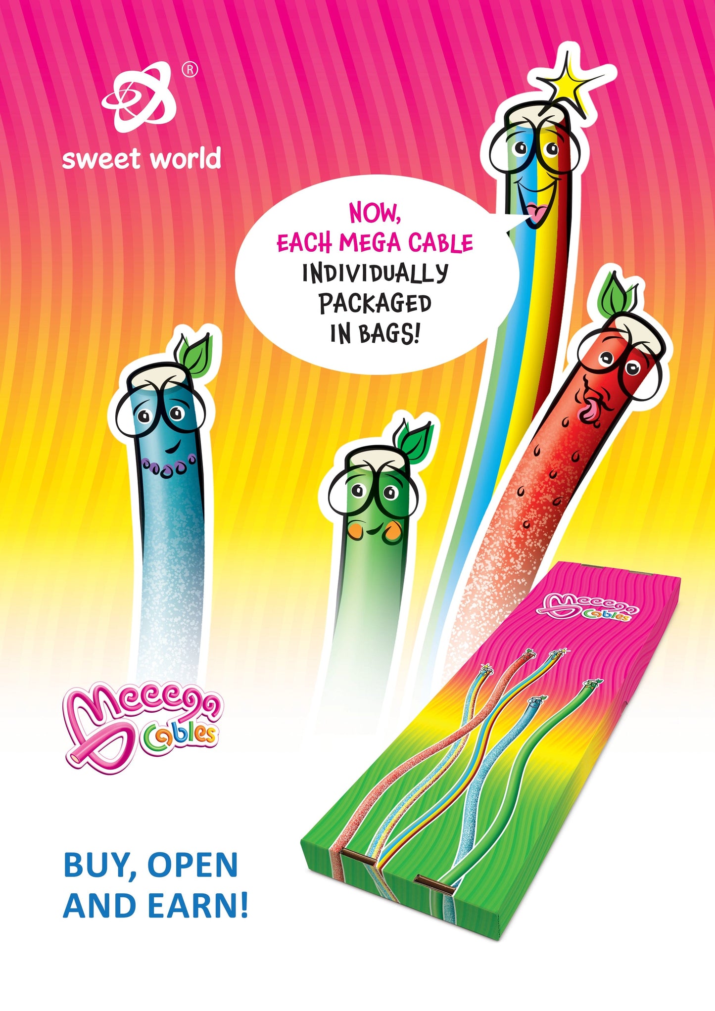 Novelty Concessions Meeega Cables European chewy rope candy - Box of 30 individually wrapped Meeega Cables, each over 2-feet long cups with lids and straws