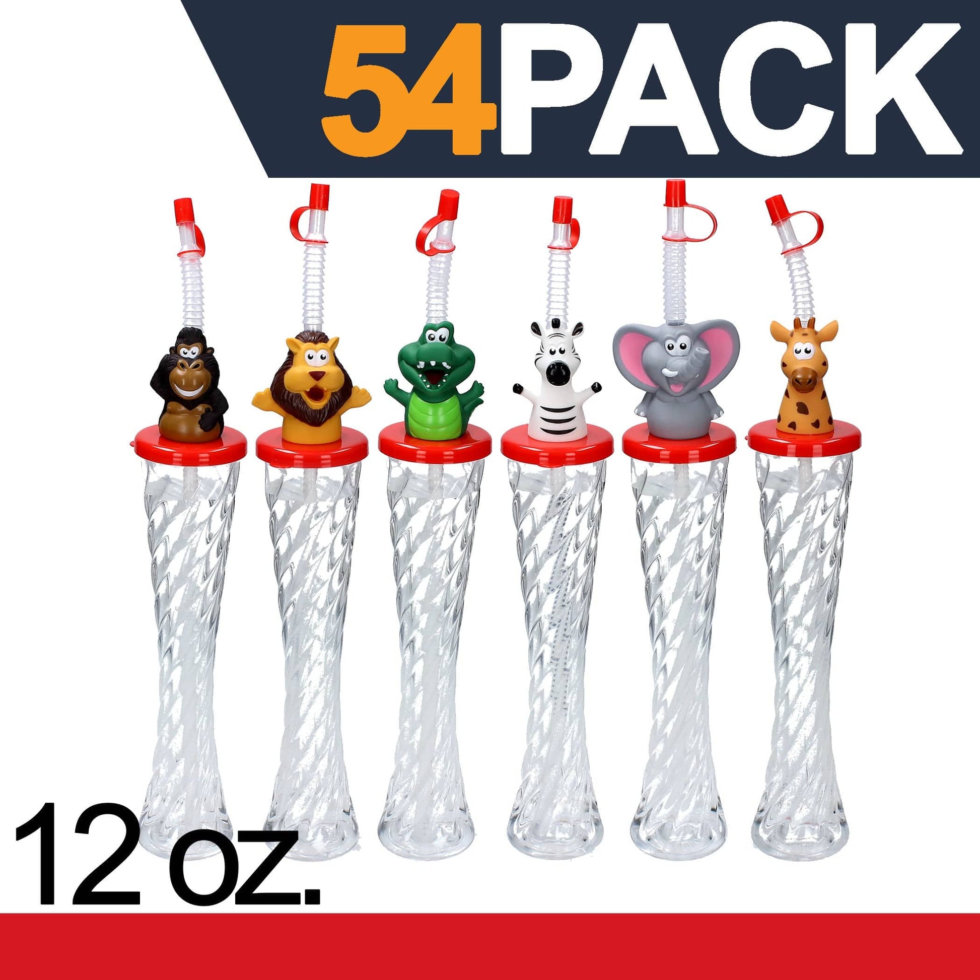 Sweet World USA Yard Cups Animals Twisty Cups (54 Cups) - for Cold or Frozen Drinks, Kids Parties - 12 oz. (350 ml) cups with lids and straws