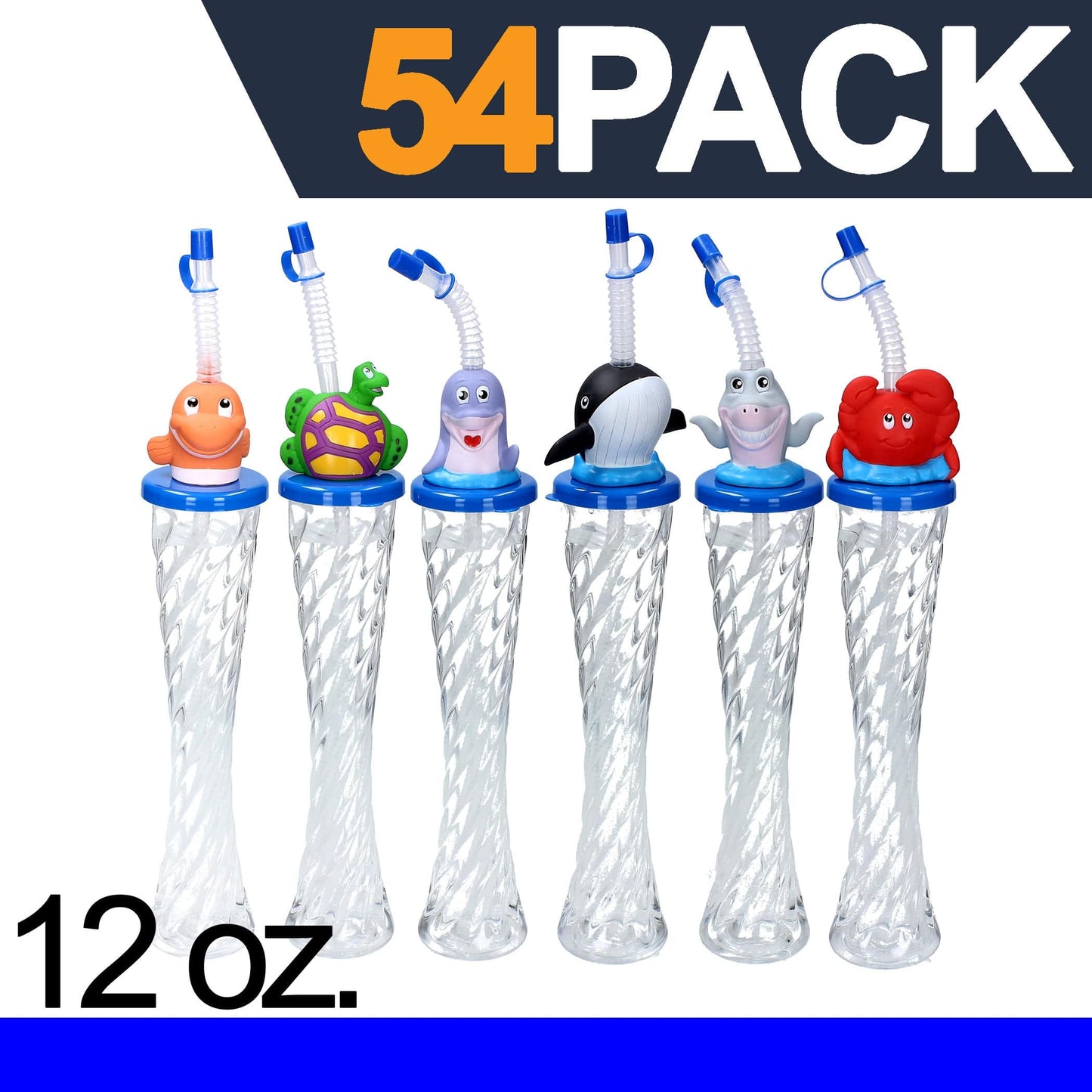 Sweet World USA Yard Cups Animals Twisty Cups (54 Cups) - for Cold or Frozen Drinks, Kids Parties - 12 oz. (350 ml) cups with lids and straws