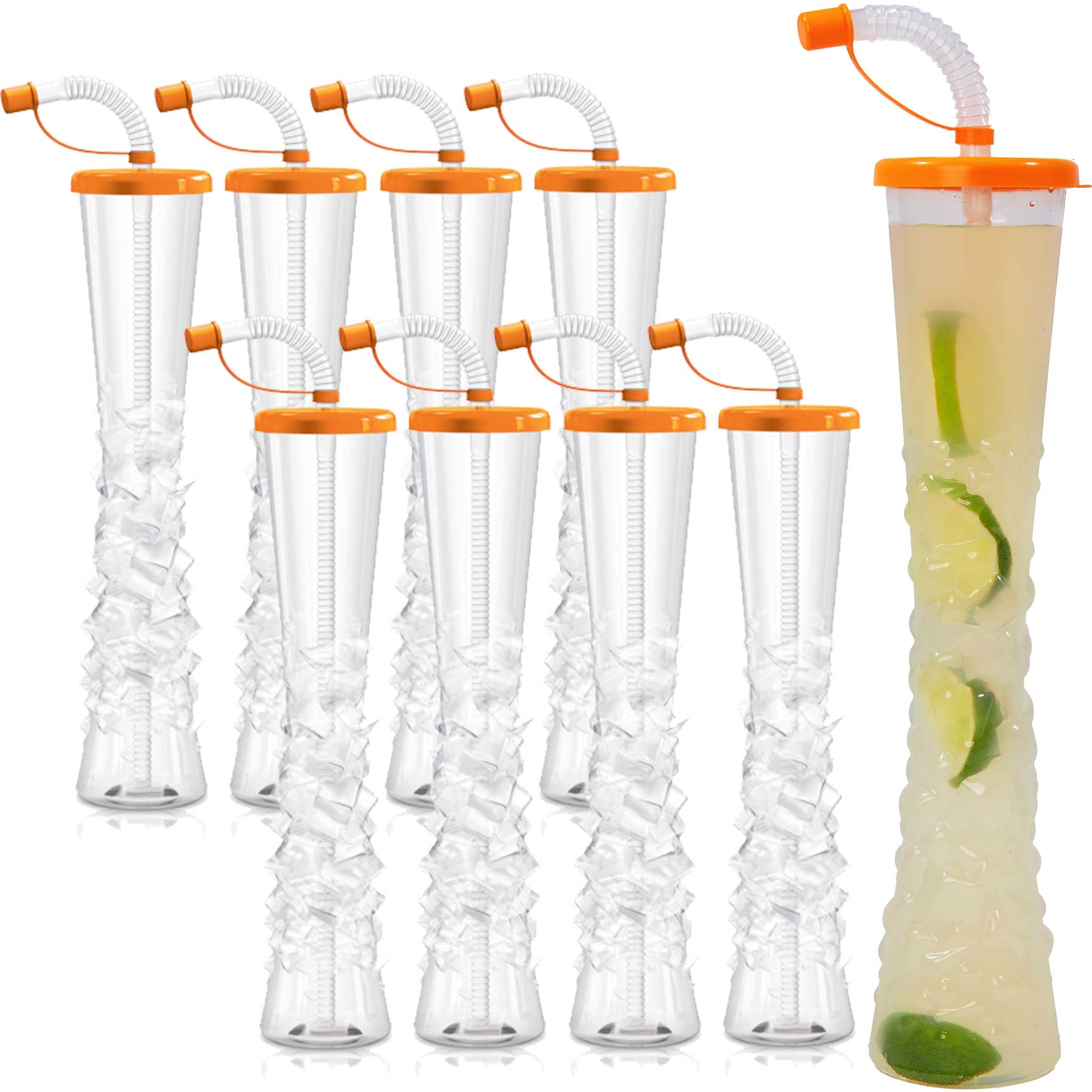 (54 or 108 Cups) Yard Cups with Orange Lids and Straws - 14oz - for Margaritas, Cold Drinks, Frozen Drinks, Kids Party