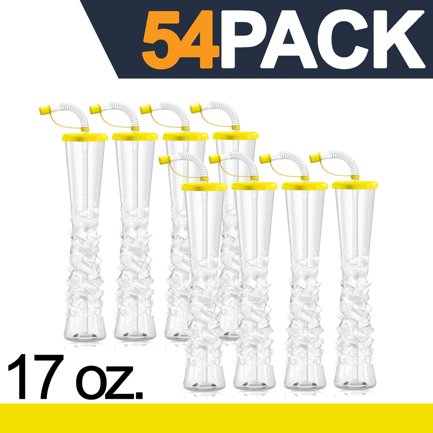 Sweet World USA Yard Cups Ice Yard Cups with LED Coasters (54 Cups - Yellow) - for Frozen Drinks, Kids Parties - 17oz. (500ml) cups with lids and straws