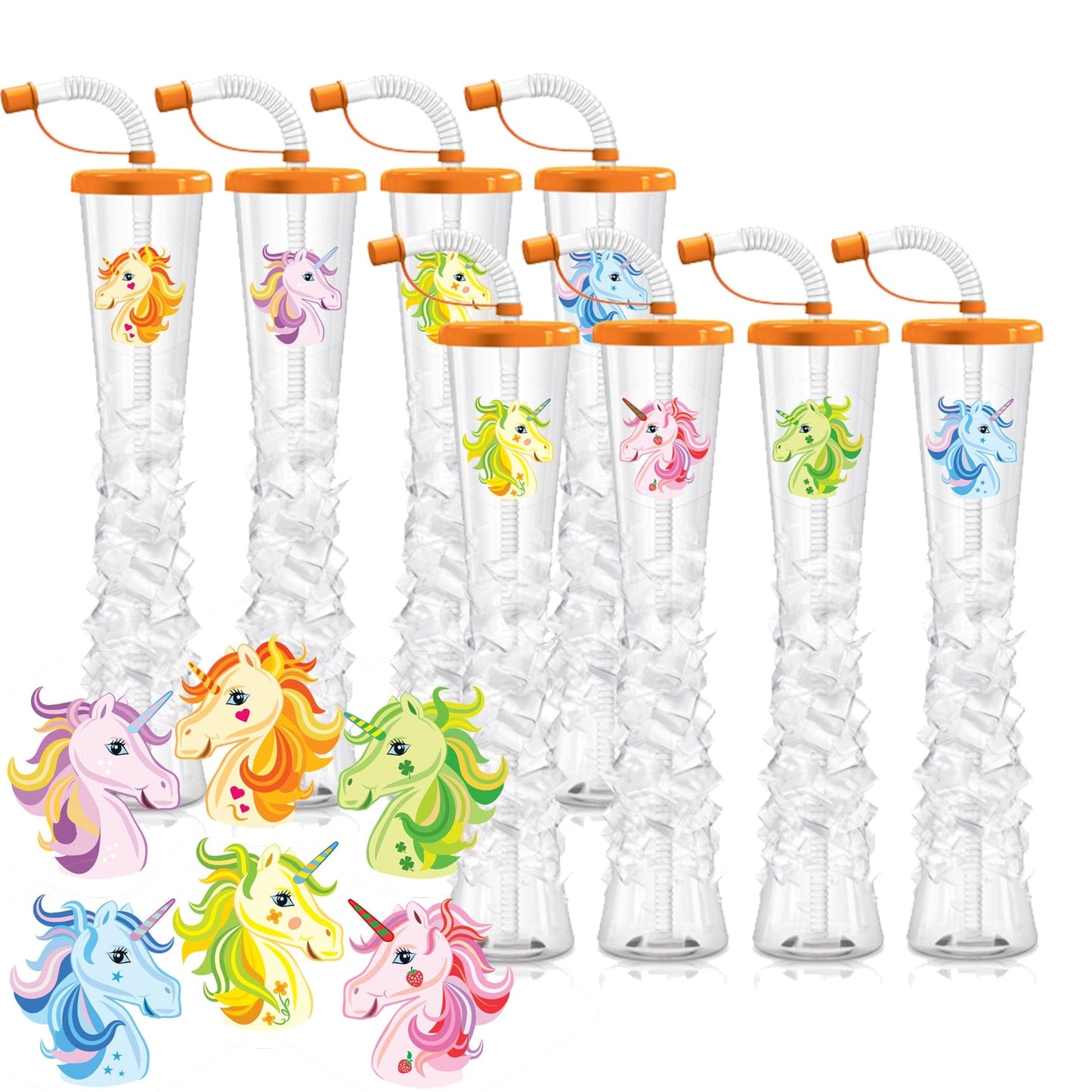Sweet World USA Yard Cups Orange with Unicorn Unicorn Ice Yard Cups (54 Cups) - for Margaritas and Frozen Drinks, Kids Parties - 17oz. (500ml) cups with lids and straws
