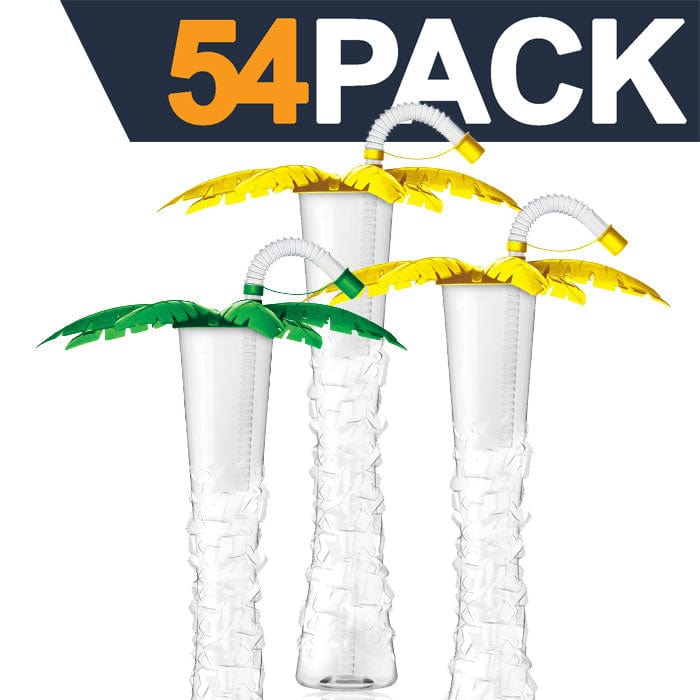 Sweet World USA Yard Cups Palm Tree Yard Cup - 17 oz. (Box of 54 Cups) - clear cup with Green and Yellow Palm Lids and Straws cups with lids and straws