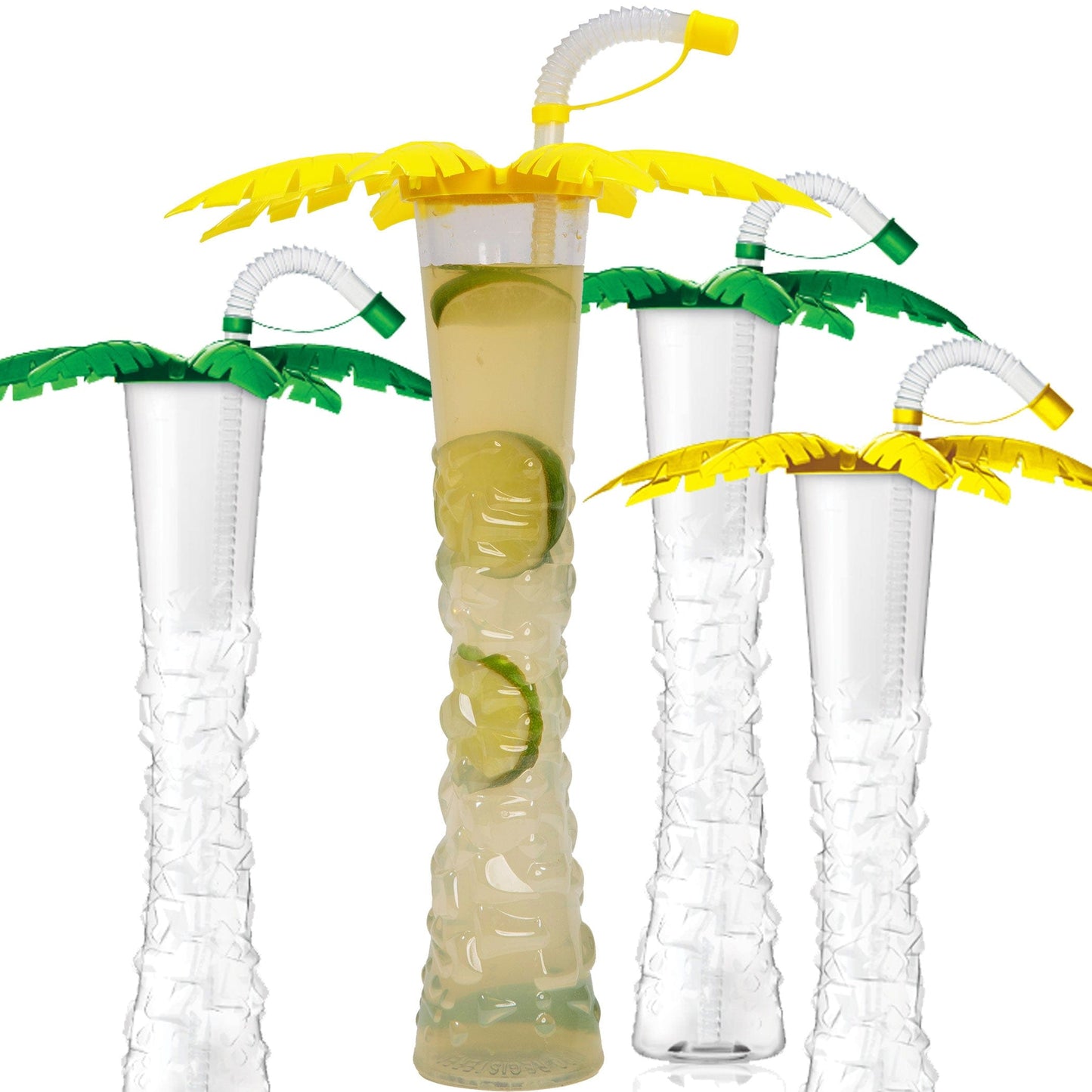 Sweet World USA Yard Cups Palm Tree Yard Cup - 17 oz. (Box of 54 Cups) - clear cup with Green and Yellow Palm Lids and Straws cups with lids and straws