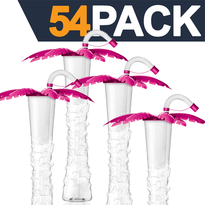 Sweet World USA Yard Cups Palm Tree Yard Cup - 17 oz. (Box of 54 Cups) - clear cup with Pink Palm Lids and Straws cups with lids and straws