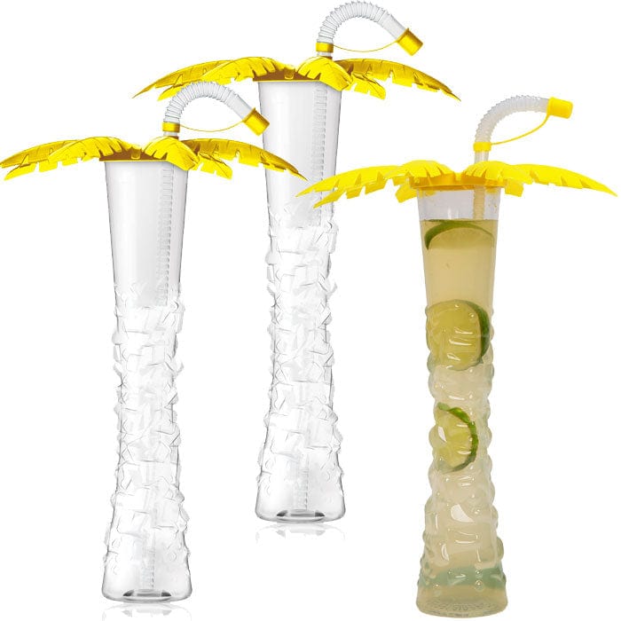 Sweet World USA Yard Cups Palm Tree Yard Cup - 17 oz. (Box of 54 Cups) - clear cup with Yellow Palm Lids and Straws cups with lids and straws