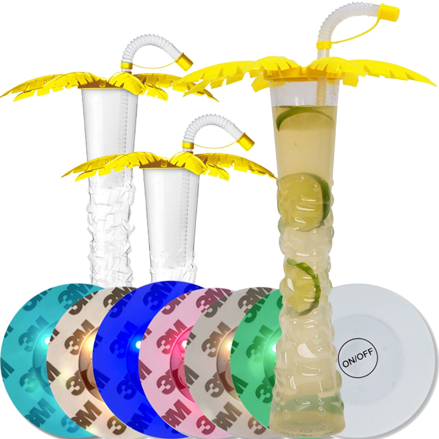 Sweet World USA Yard Cups Palm Tree Yard Cups with LED Coasters - 17 oz. (54 Cups) - with Yellow Palm Lids and Straws cups with lids and straws