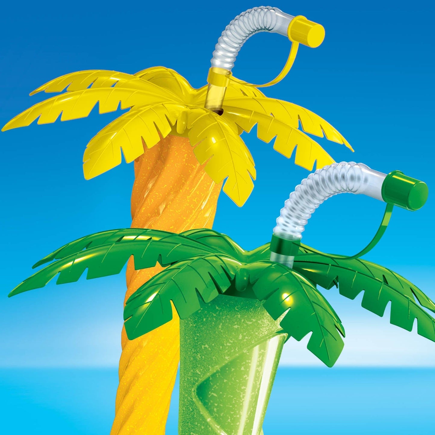 Sweet World USA Yard Cups Palm Tree Yard Cup - 17 oz. (Box of 54 Cups) - clear cup with Yellow Palm Lids and Straws cups with lids and straws