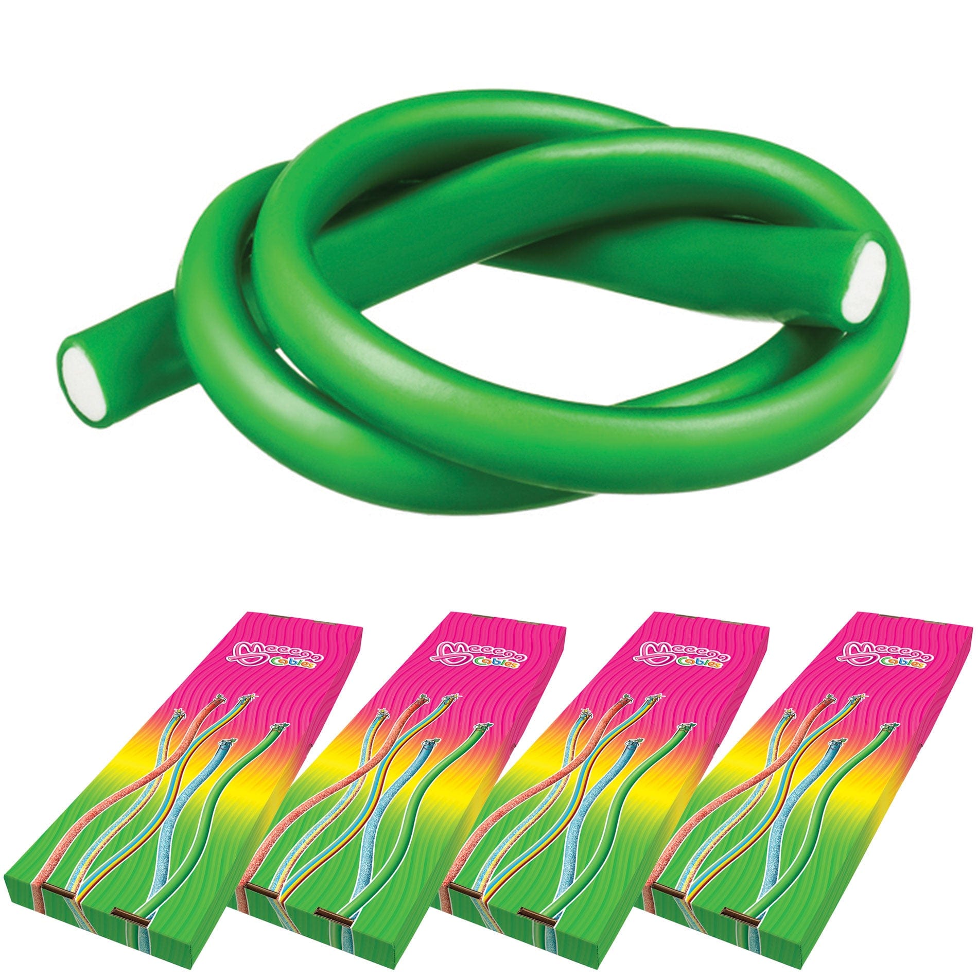 Novelty Concessions Gummy Rope APPLE / 4 Pack (120 pieces) Meeega Cables European Chewy Rope Candy - Box of 30 individually wrapped Meeega Cables, each over 2-feet long cups with lids and straws