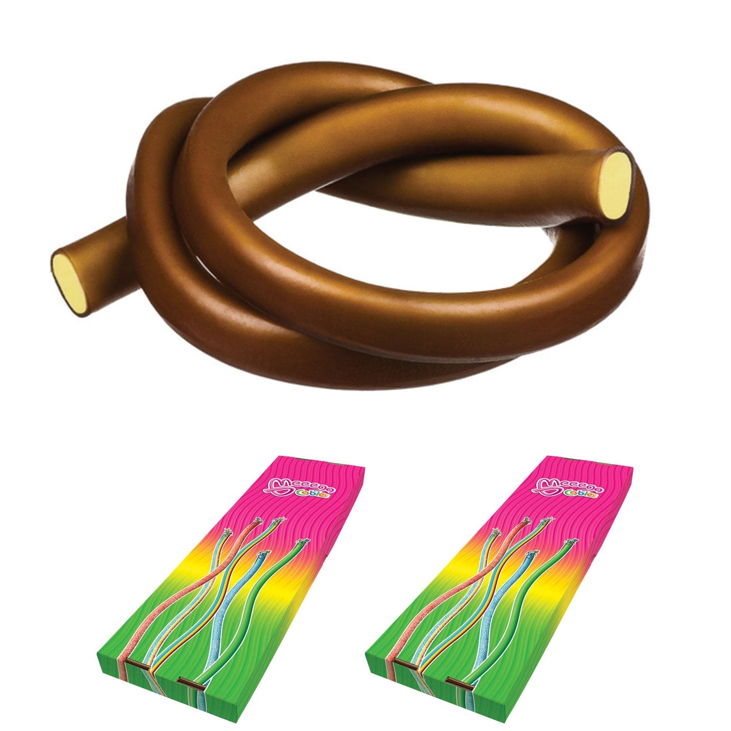 Novelty Concessions Gummy Rope COLA / 2 Pack (60 pieces) Meeega Cables European Chewy Rope Candy - Box of 30 individually wrapped Meeega Cables, each over 2-feet long cups with lids and straws