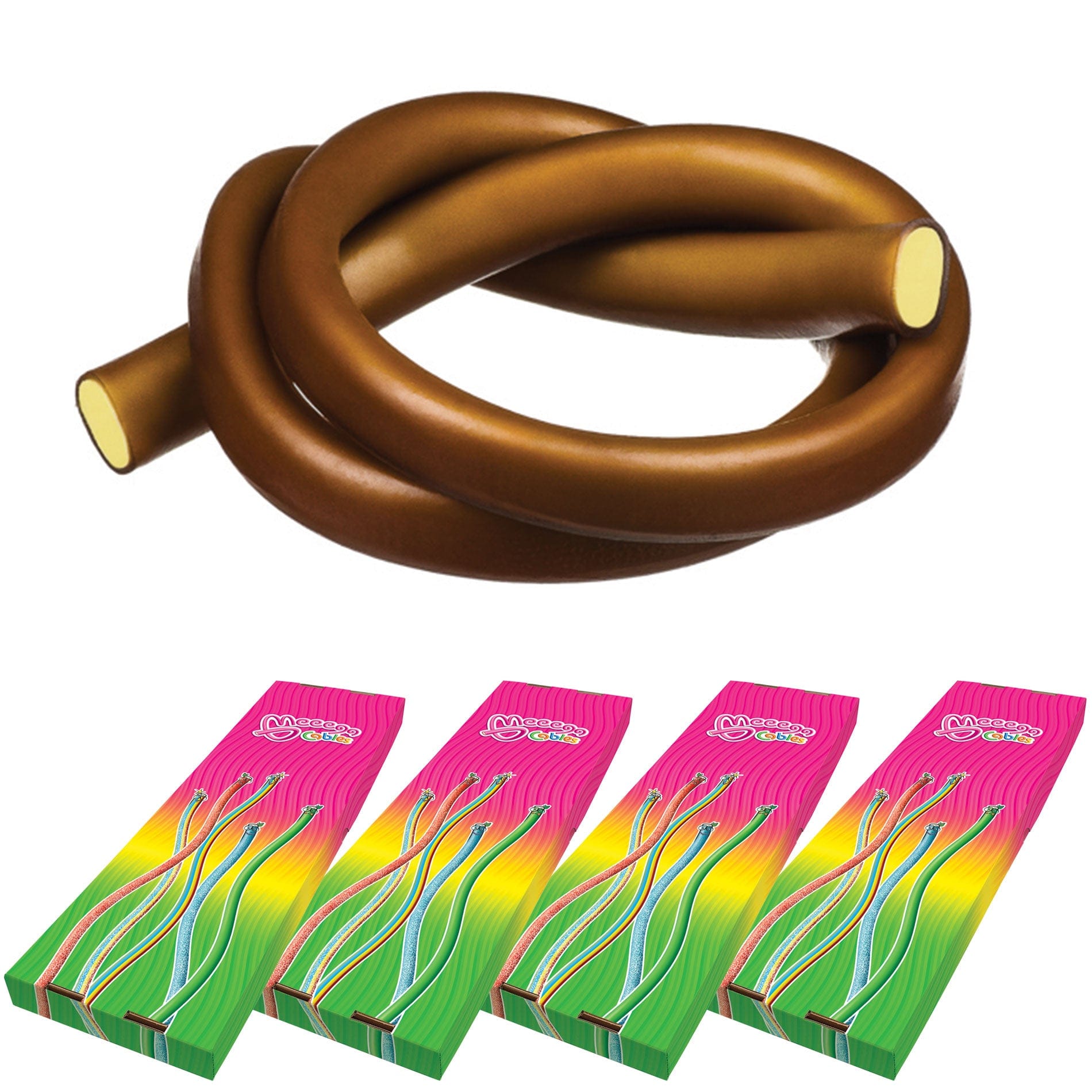 Novelty Concessions Gummy Rope COLA / 4 Pack (120 pieces) Meeega Cables European Chewy Rope Candy - Box of 30 individually wrapped Meeega Cables, each over 2-feet long cups with lids and straws