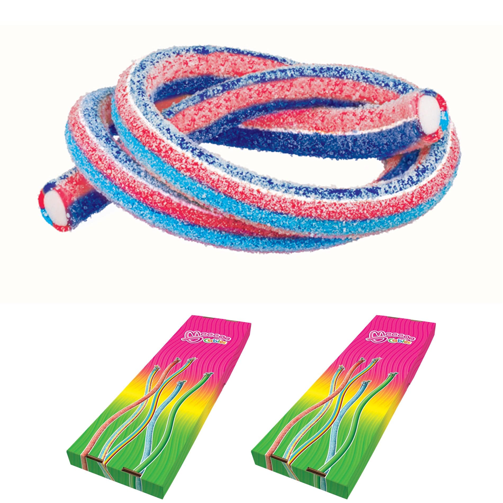 Novelty Concessions Gummy Rope FIZZY BERRY / 2 Pack (60 pieces) Meeega Cables European Chewy Rope Candy - Box of 30 individually wrapped Meeega Cables, each over 2-feet long cups with lids and straws