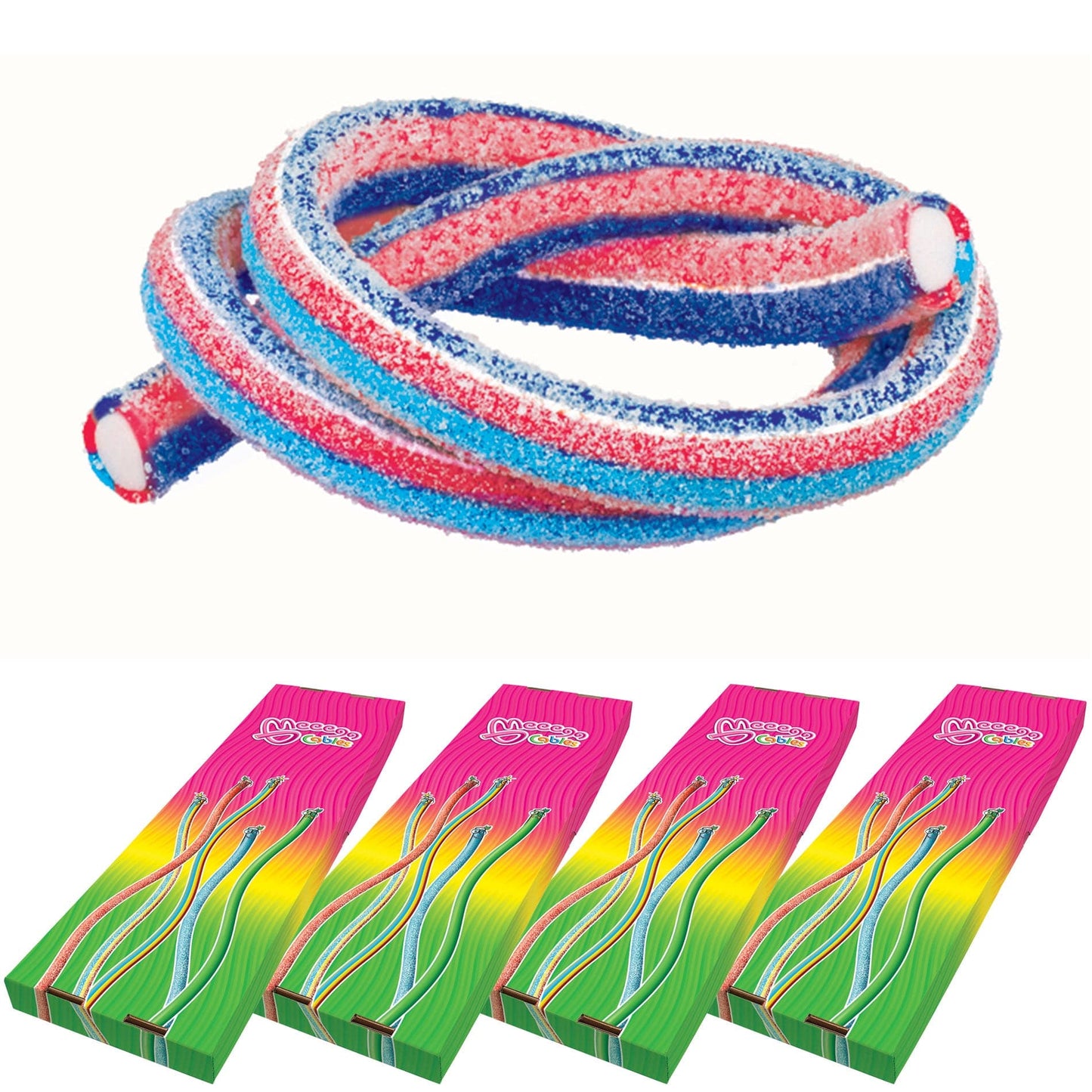 Novelty Concessions Gummy Rope FIZZY BERRY / 4 Pack (120 pieces) Meeega Cables European Chewy Rope Candy - Box of 30 individually wrapped Meeega Cables, each over 2-feet long cups with lids and straws