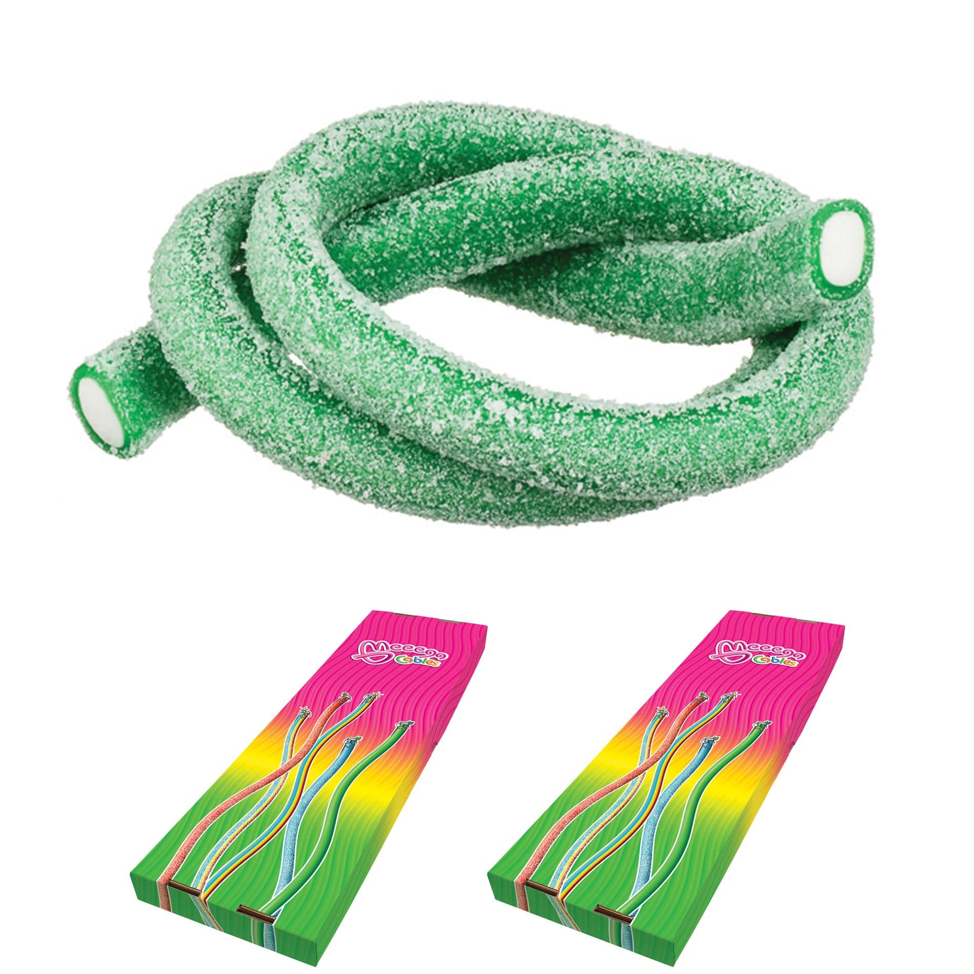 Novelty Concessions Gummy Rope Meeega Cables European Chewy Rope Candy - Box of 30 individually wrapped Meeega Cables, each over 2-feet long cups with lids and straws