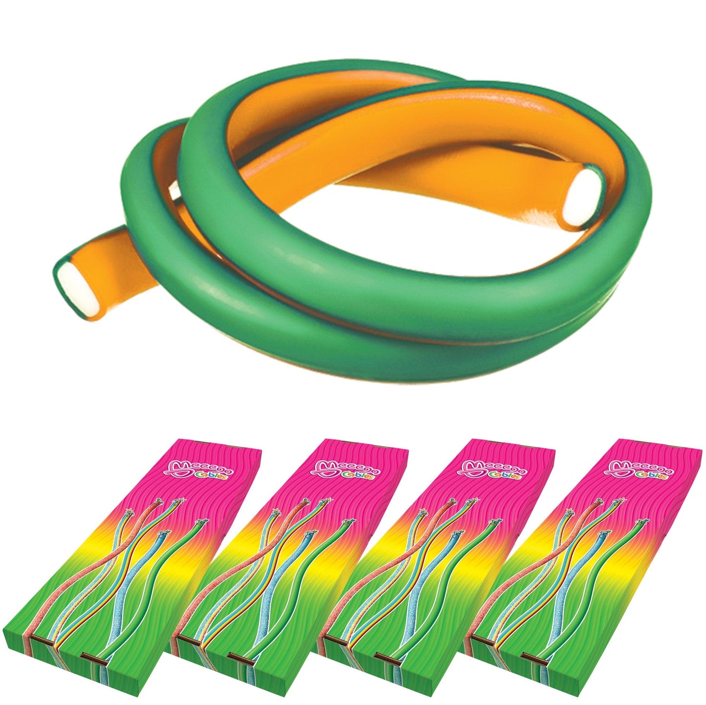 Novelty Concessions Gummy Rope ORANGE LIME / 4 Pack (120 pieces) Meeega Cables European Chewy Rope Candy - Box of 30 individually wrapped Meeega Cables, each over 2-feet long cups with lids and straws