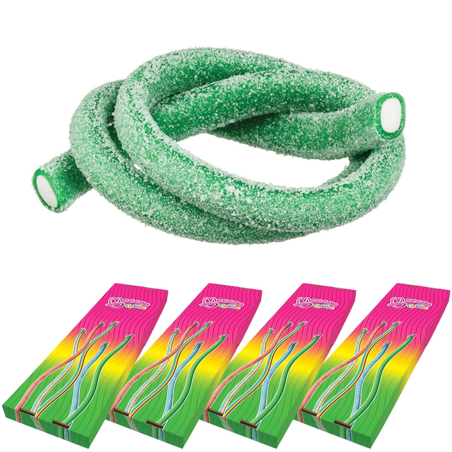 Novelty Concessions Gummy Rope SOUR APPLE / 4 Pack (120 pieces) Meeega Cables European Chewy Rope Candy - Box of 30 individually wrapped Meeega Cables, each over 2-feet long cups with lids and straws