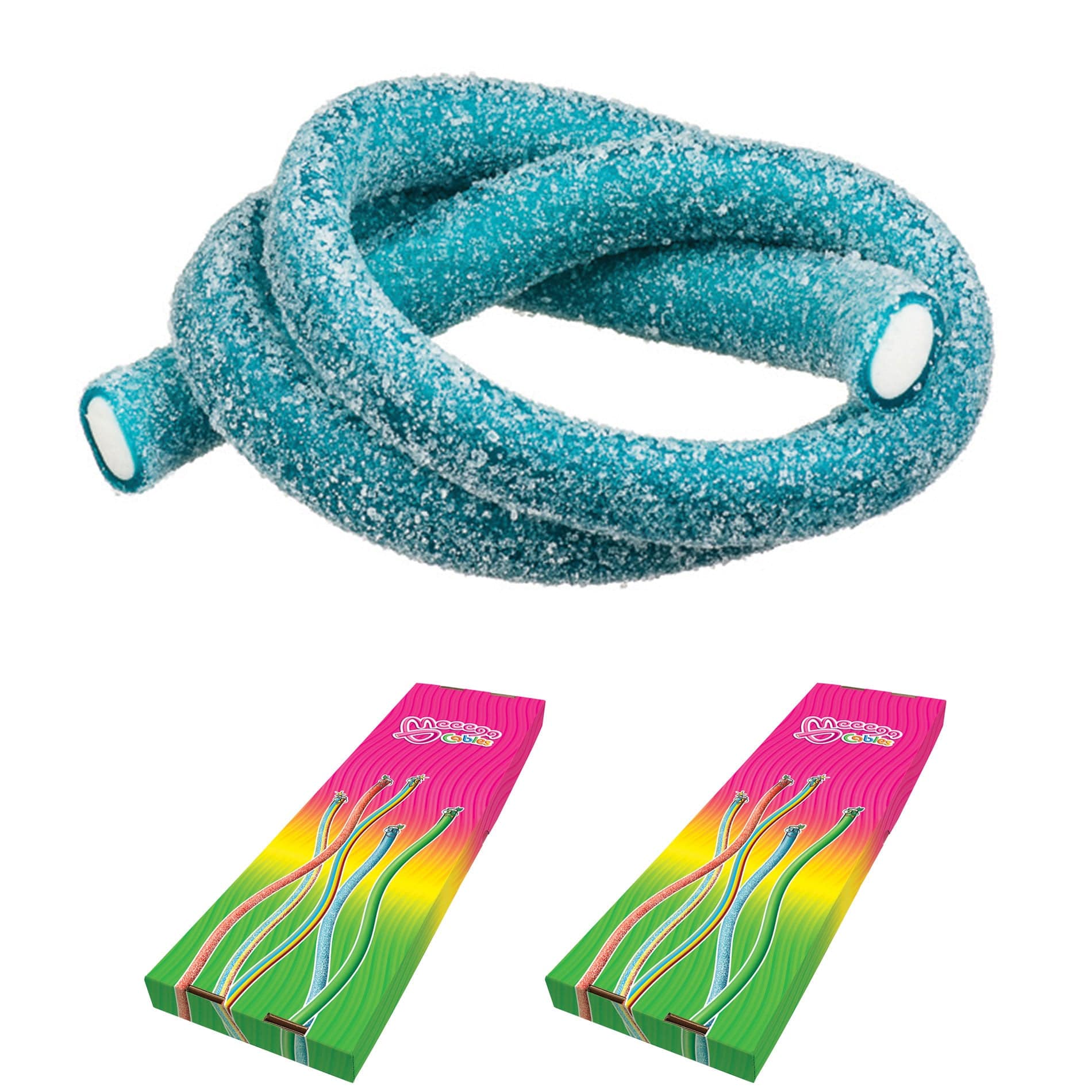 Novelty Concessions Gummy Rope SOUR BLUEBERRY / 2 Pack (60 pieces) Meeega Cables European Chewy Rope Candy - Box of 30 individually wrapped Meeega Cables, each over 2-feet long cups with lids and straws