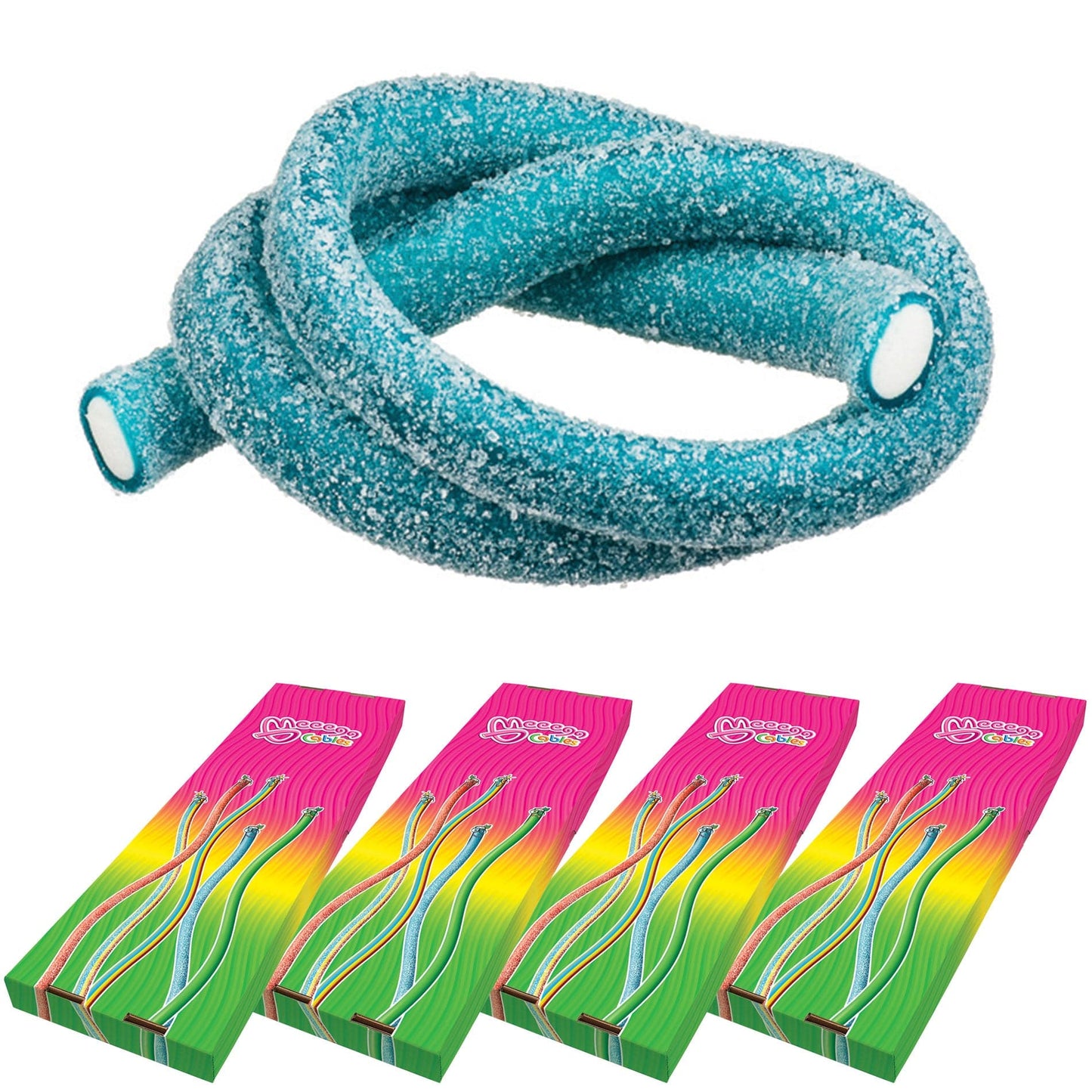 Novelty Concessions Gummy Rope SOUR BLUEBERRY / 4 Pack (120 pieces) Meeega Cables European Chewy Rope Candy - Box of 30 individually wrapped Meeega Cables, each over 2-feet long cups with lids and straws