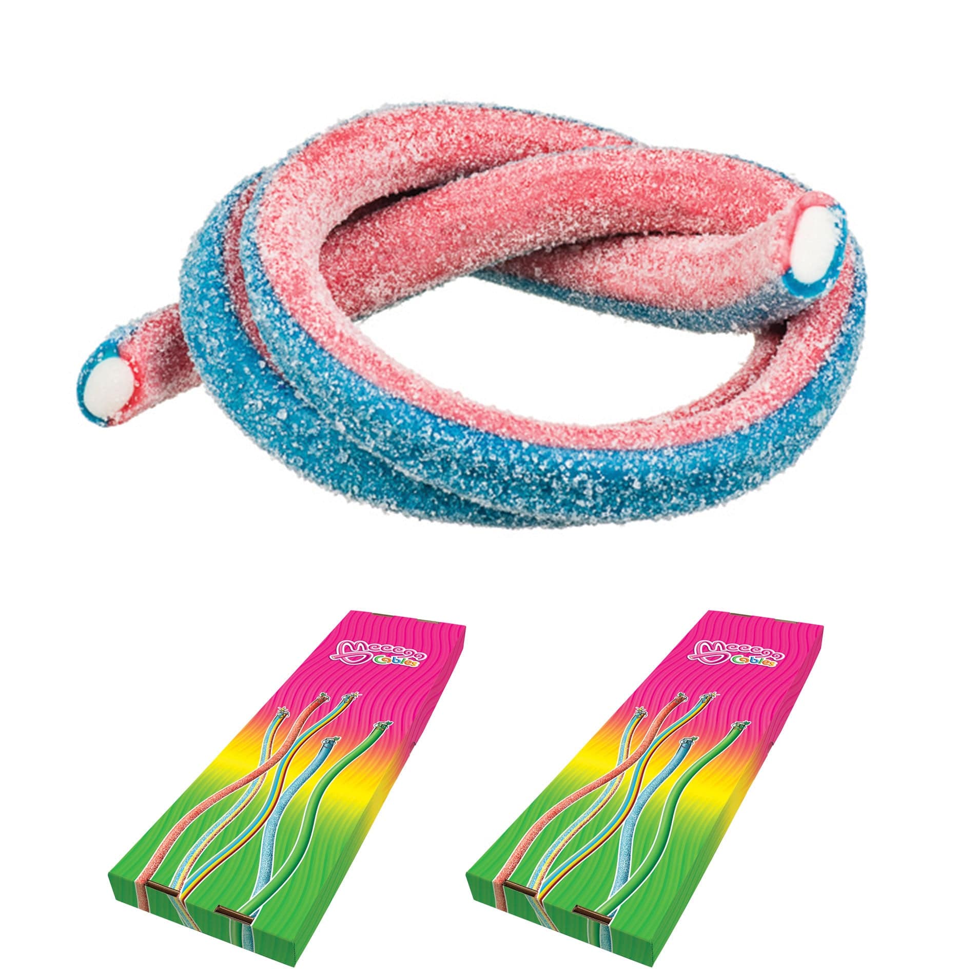 Novelty Concessions Gummy Rope SOUR BLUEBERRY STRAWBERRY / 2 Pack (60 pieces) Meeega Cables European Chewy Rope Candy - Box of 30 individually wrapped Meeega Cables, each over 2-feet long cups with lids and straws