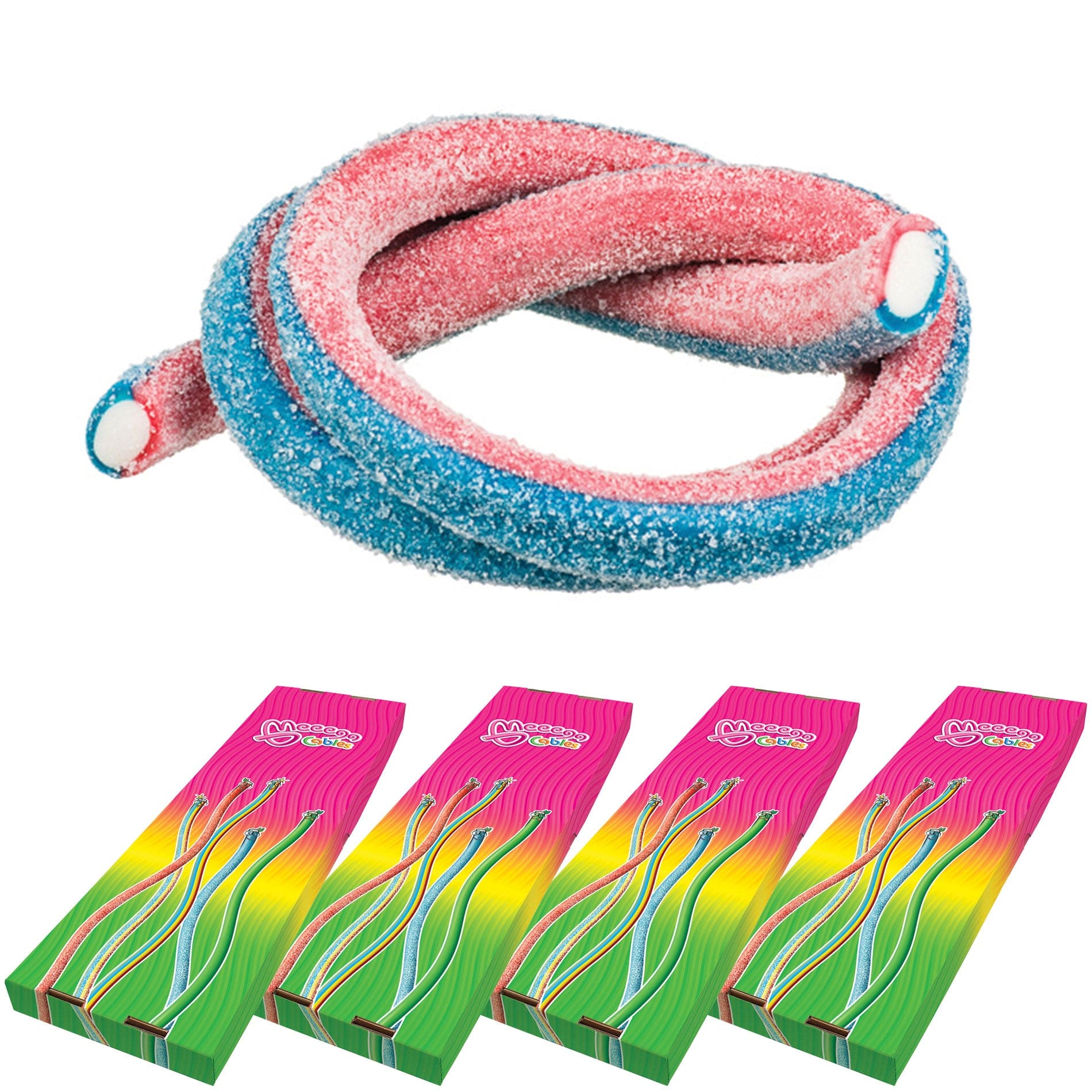 Novelty Concessions Gummy Rope SOUR BLUEBERRY STRAWBERRY / 4 Pack (120 pieces) Meeega Cables European Chewy Rope Candy - Box of 30 individually wrapped Meeega Cables, each over 2-feet long cups with lids and straws