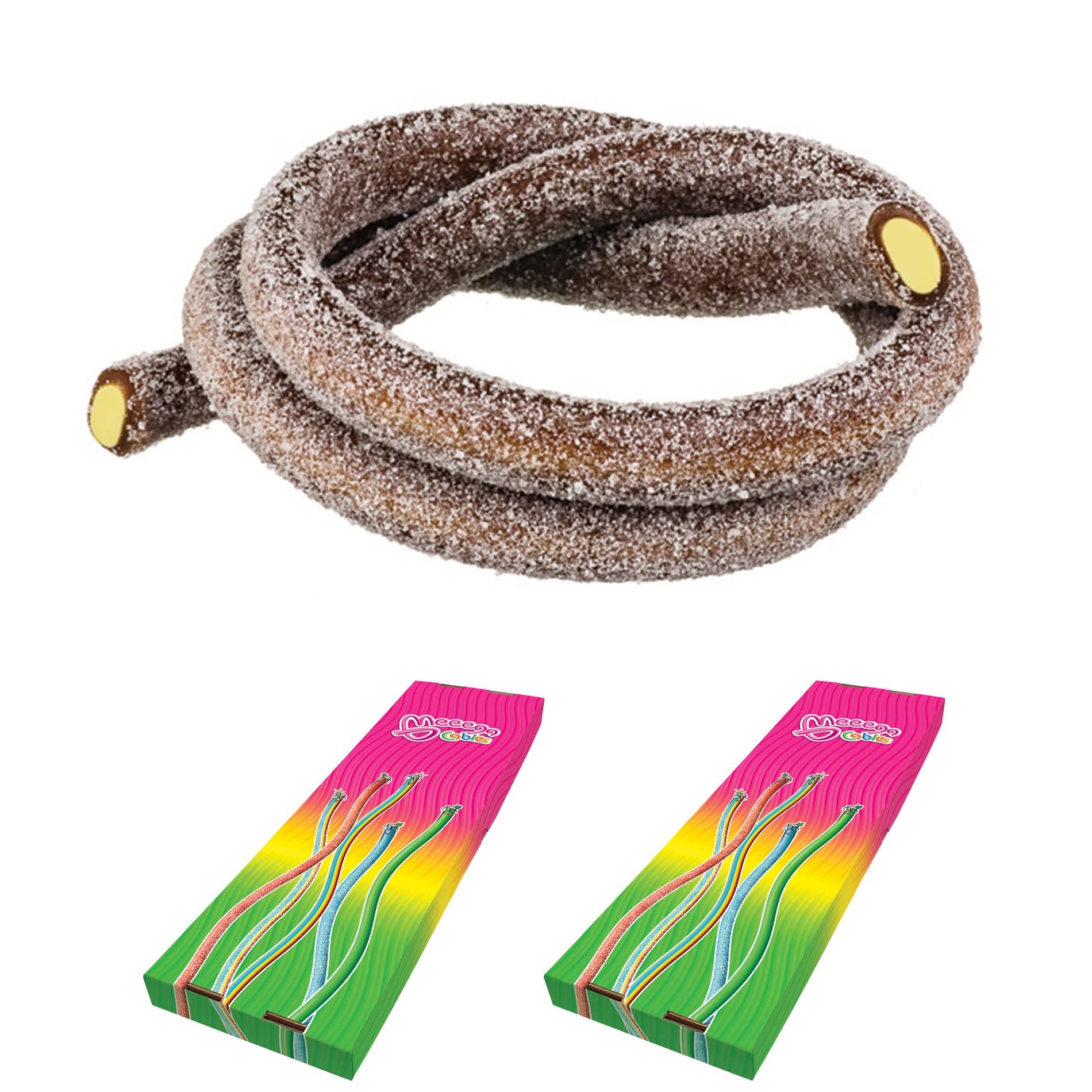 Novelty Concessions Gummy Rope SOUR COLA / 2 Pack (60 pieces) Meeega Cables European Chewy Rope Candy - Box of 30 individually wrapped Meeega Cables, each over 2-feet long cups with lids and straws