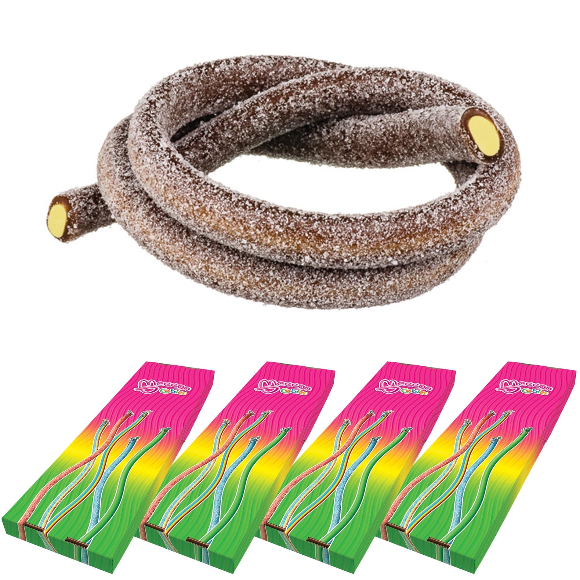Novelty Concessions Gummy Rope SOUR COLA / 4 Pack (120 pieces) Meeega Cables European Chewy Rope Candy - Box of 30 individually wrapped Meeega Cables, each over 2-feet long cups with lids and straws