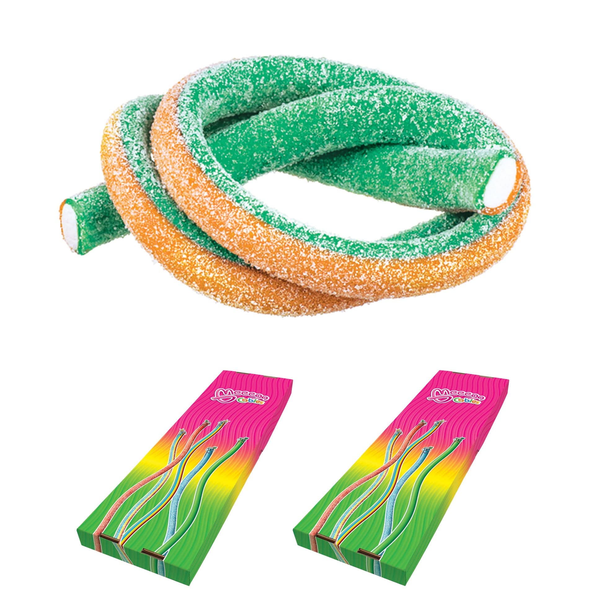Novelty Concessions Gummy Rope SOUR ORANGE LIME / 2 Pack (60 pieces) Meeega Cables European Chewy Rope Candy - Box of 30 individually wrapped Meeega Cables, each over 2-feet long cups with lids and straws