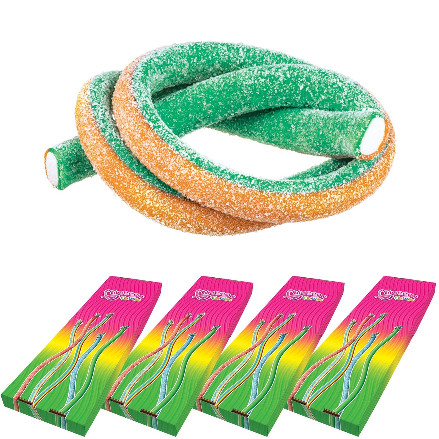Novelty Concessions Gummy Rope SOUR ORANGE LIME / 4 Pack (120 pieces) Meeega Cables European Chewy Rope Candy - Box of 30 individually wrapped Meeega Cables, each over 2-feet long cups with lids and straws