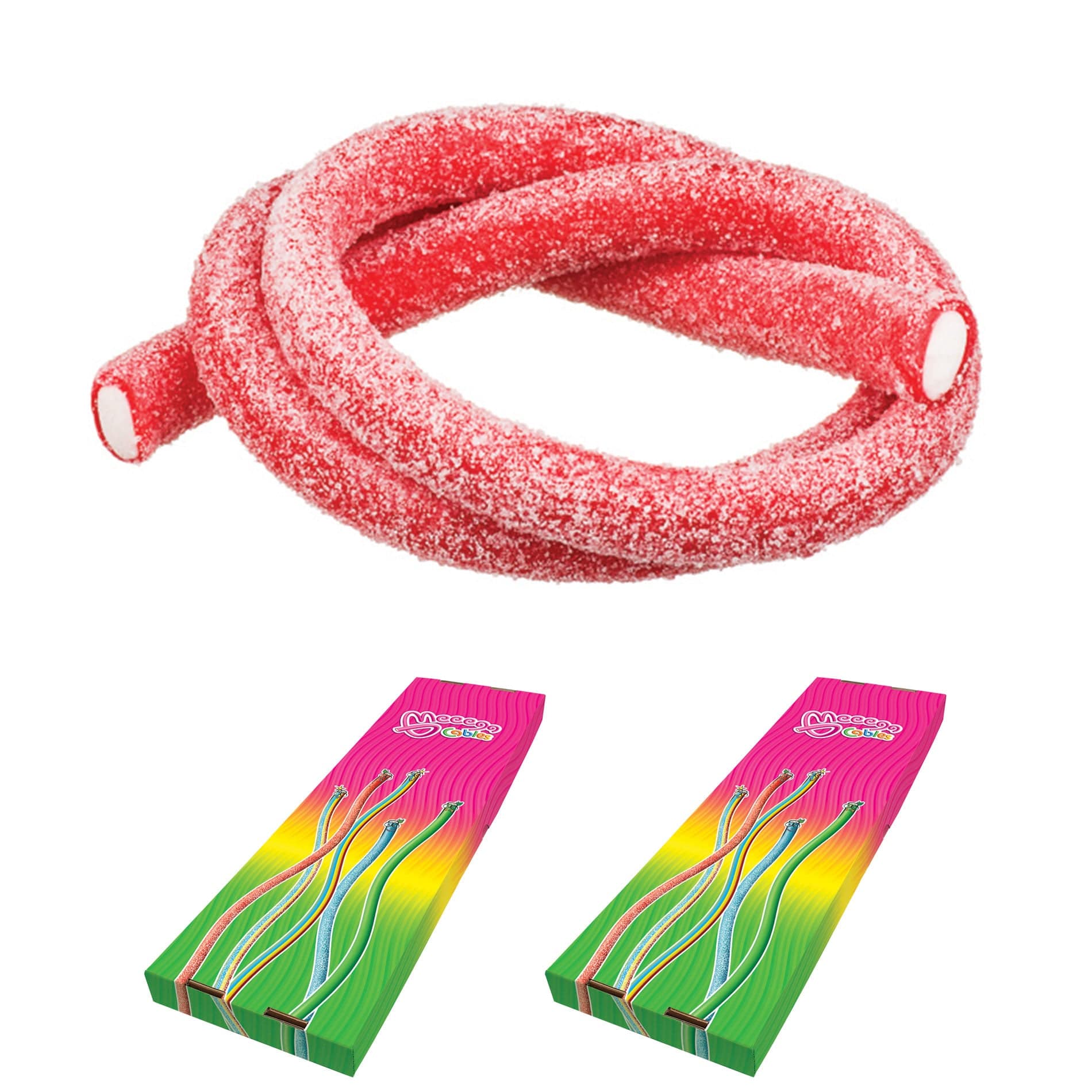 Novelty Concessions Gummy Rope SOUR STRAWBERRY / 2 Pack (60 pieces) Meeega Cables European Chewy Rope Candy - Box of 30 individually wrapped Meeega Cables, each over 2-feet long cups with lids and straws