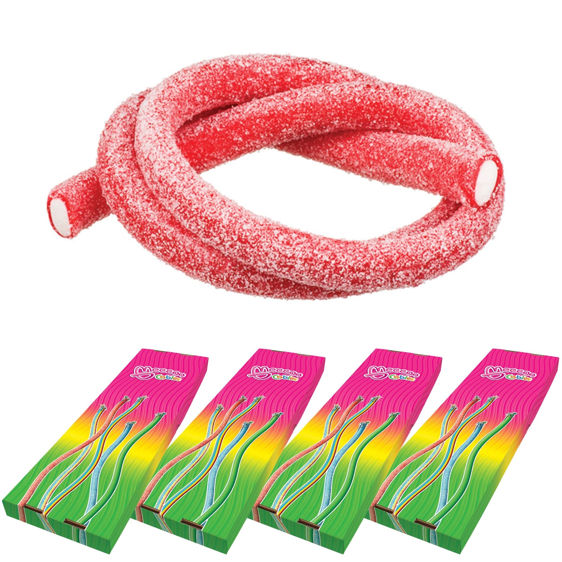 Novelty Concessions Gummy Rope SOUR STRAWBERRY / 4 Pack (120 pieces) Meeega Cables European Chewy Rope Candy - Box of 30 individually wrapped Meeega Cables, each over 2-feet long cups with lids and straws