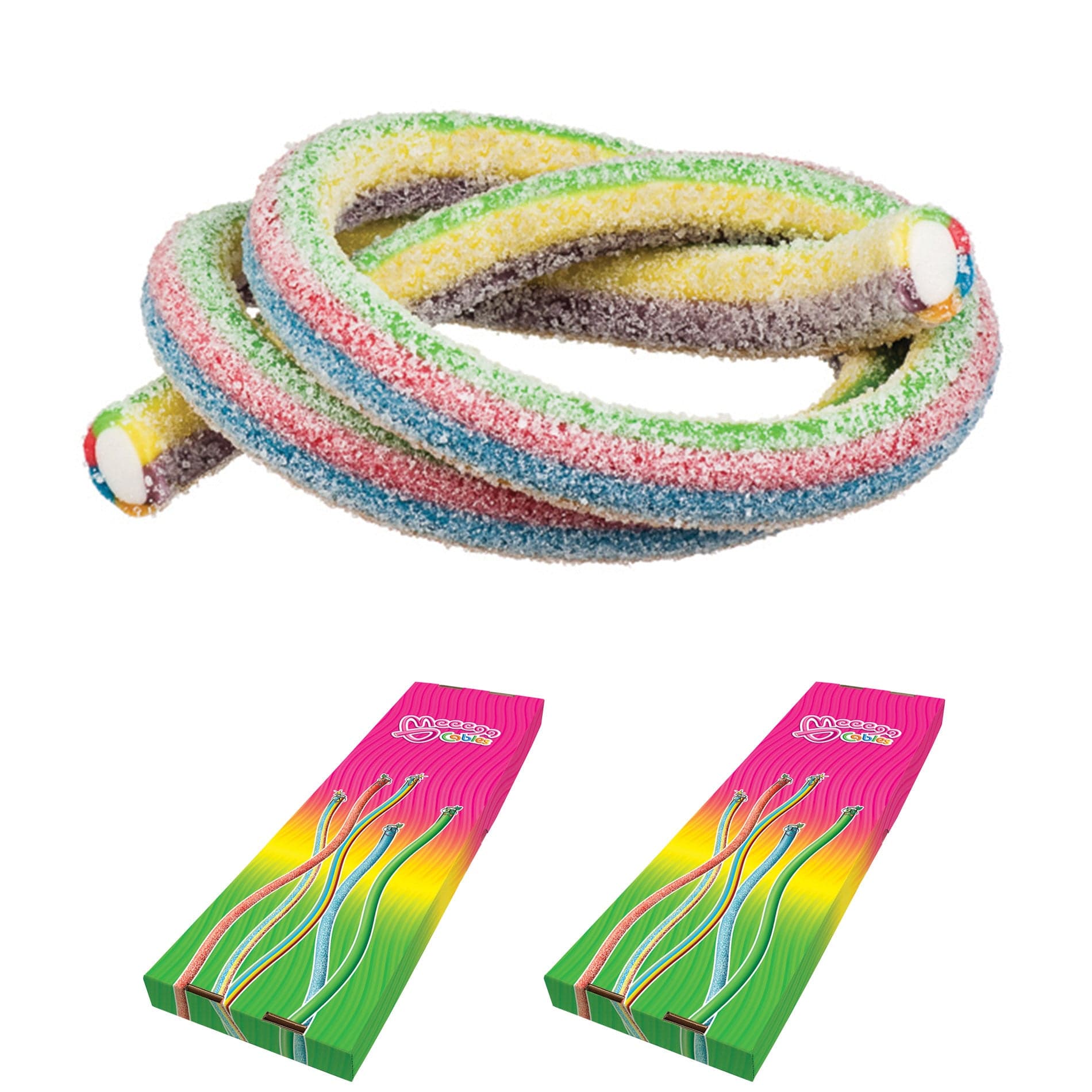 Novelty Concessions Gummy Rope SOUR SUNSHINE FRUIT / 2 Pack (60 pieces) Meeega Cables European Chewy Rope Candy - Box of 30 individually wrapped Meeega Cables, each over 2-feet long cups with lids and straws