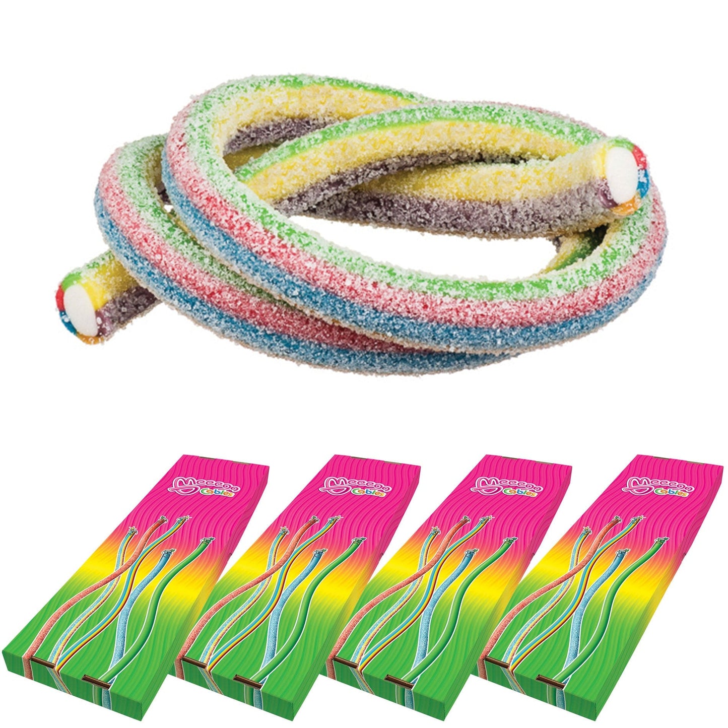 Novelty Concessions Gummy Rope SOUR SUNSHINE FRUIT / 4 Pack (120 pieces) Meeega Cables European Chewy Rope Candy - Box of 30 individually wrapped Meeega Cables, each over 2-feet long cups with lids and straws