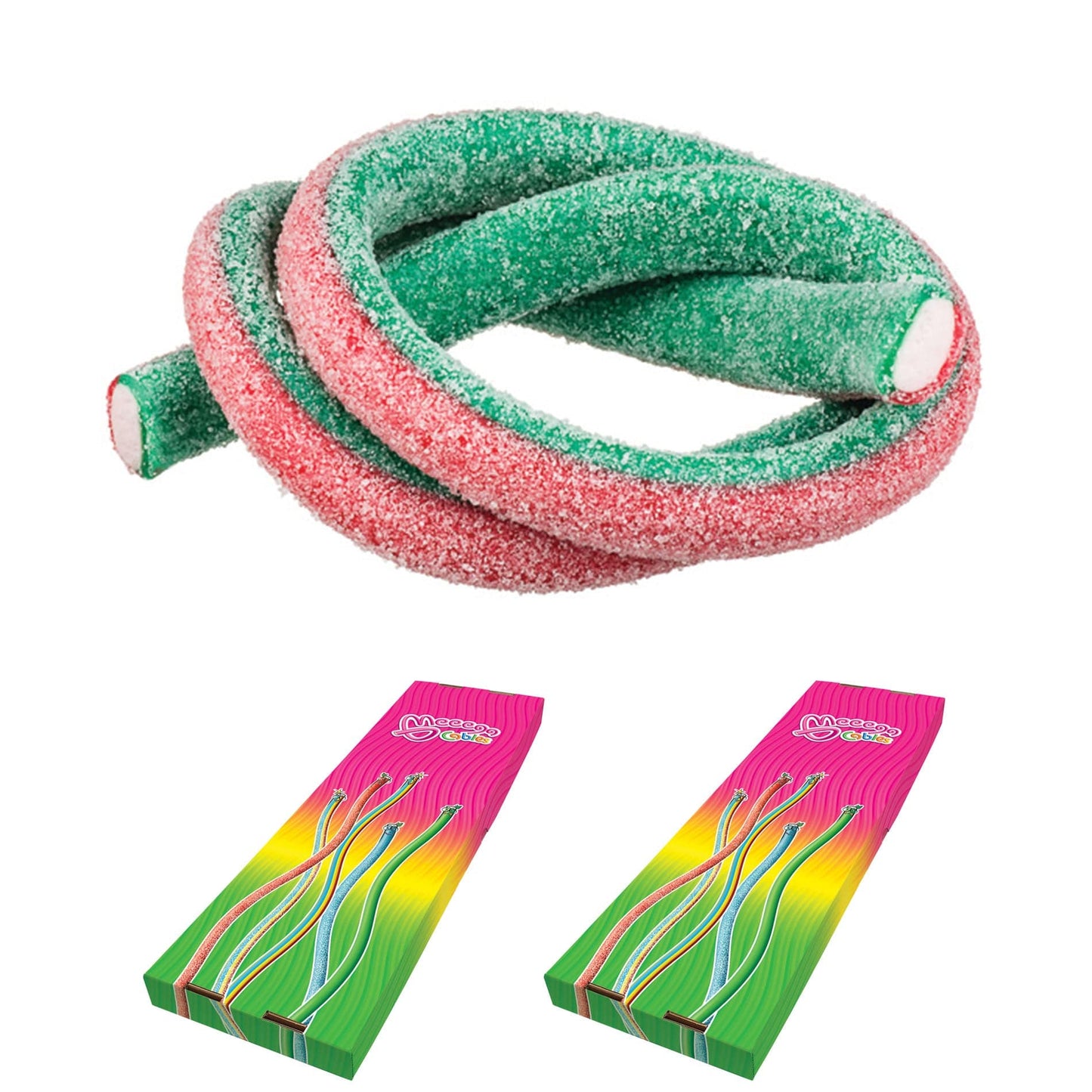Novelty Concessions Gummy Rope SOUR WATERMELON STRAWBERRY / 2 Pack (60 pieces) Meeega Cables European Chewy Rope Candy - Box of 30 individually wrapped Meeega Cables, each over 2-feet long cups with lids and straws