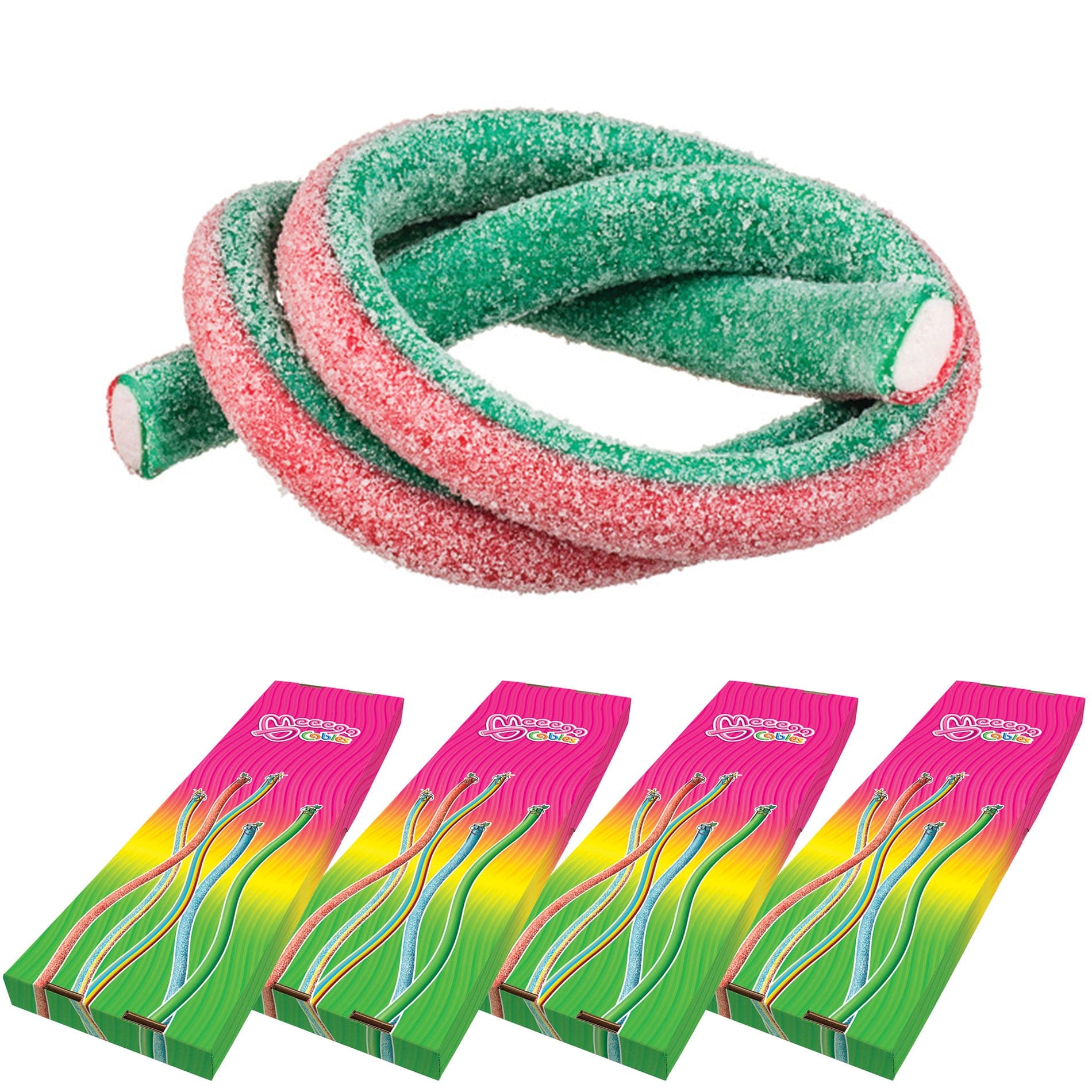 Novelty Concessions Gummy Rope SOUR WATERMELON STRAWBERRY / 4 Pack (120 pieces) Meeega Cables European Chewy Rope Candy - Box of 30 individually wrapped Meeega Cables, each over 2-feet long cups with lids and straws