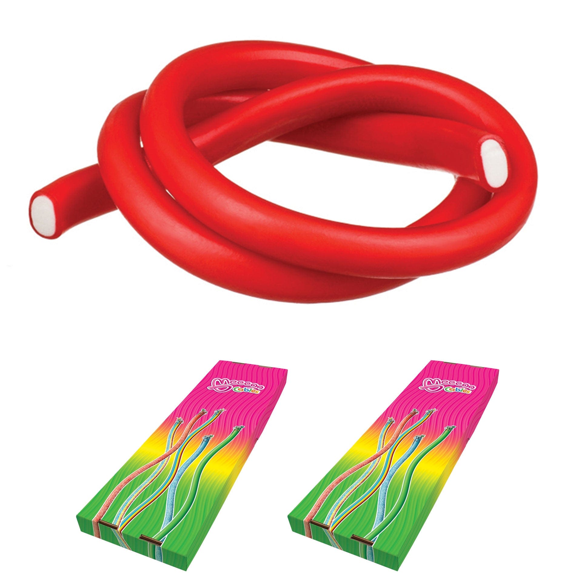 Novelty Concessions Gummy Rope STRAWBERRY / 2 Pack (60 pieces) Meeega Cables European Chewy Rope Candy - Box of 30 individually wrapped Meeega Cables, each over 2-feet long cups with lids and straws