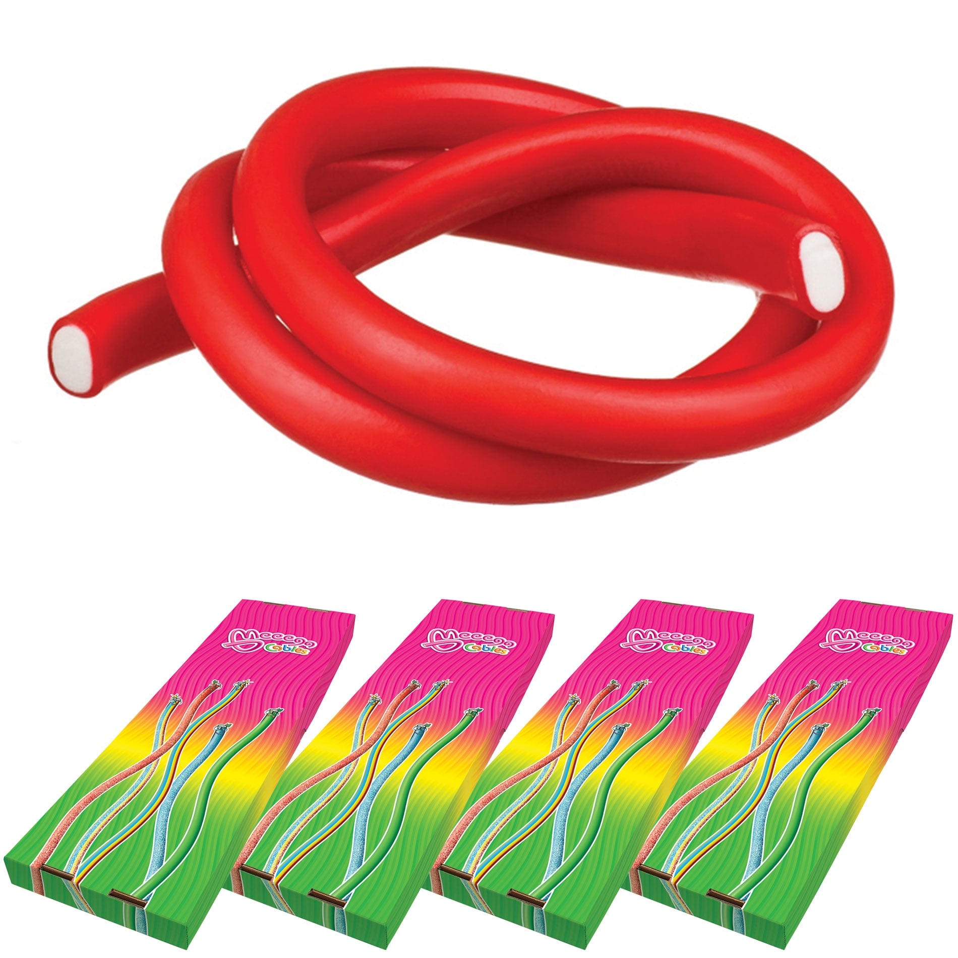 Novelty Concessions Gummy Rope STRAWBERRY / 4 Pack (120 pieces) Meeega Cables European Chewy Rope Candy - Box of 30 individually wrapped Meeega Cables, each over 2-feet long cups with lids and straws