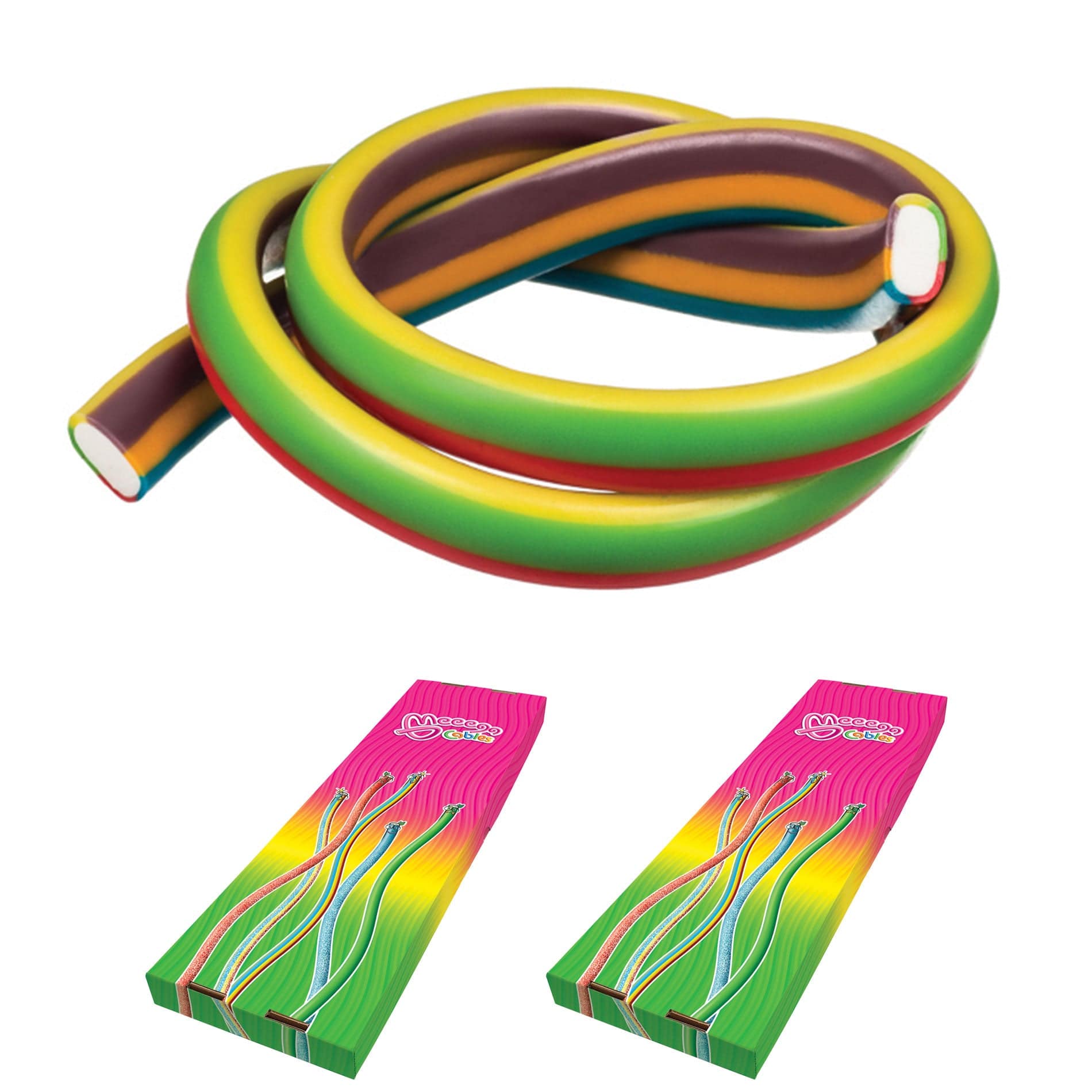 Novelty Concessions Gummy Rope SUNSHINE FRUIT / 2 Pack (60 pieces) Meeega Cables European Chewy Rope Candy - Box of 30 individually wrapped Meeega Cables, each over 2-feet long cups with lids and straws