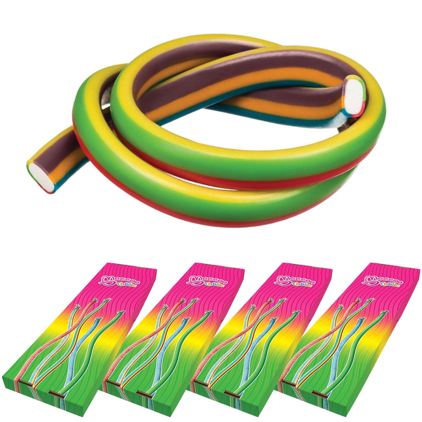 Novelty Concessions Gummy Rope SUNSHINE FRUIT / 4 Pack (120 pieces) Meeega Cables European Chewy Rope Candy - Box of 30 individually wrapped Meeega Cables, each over 2-feet long cups with lids and straws