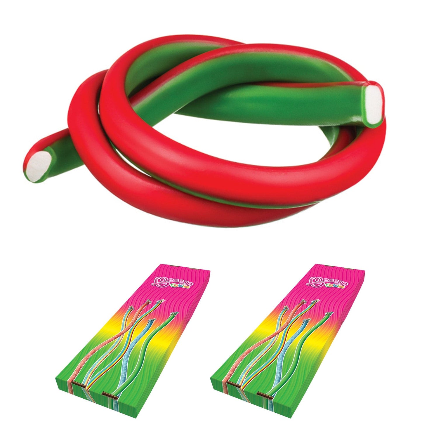 Novelty Concessions Gummy Rope WATERMELON STRAWBERRY / 2 Pack (60 pieces) Meeega Cables European Chewy Rope Candy - Box of 30 individually wrapped Meeega Cables, each over 2-feet long cups with lids and straws