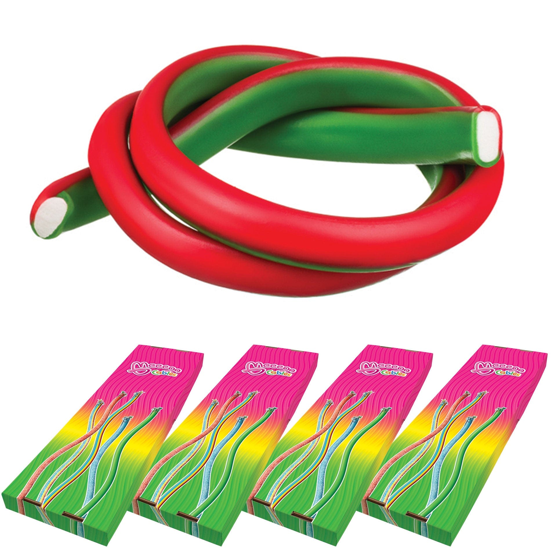 Novelty Concessions Gummy Rope WATERMELON STRAWBERRY / 4 Pack (120 pieces) Meeega Cables European Chewy Rope Candy - Box of 30 individually wrapped Meeega Cables, each over 2-feet long cups with lids and straws