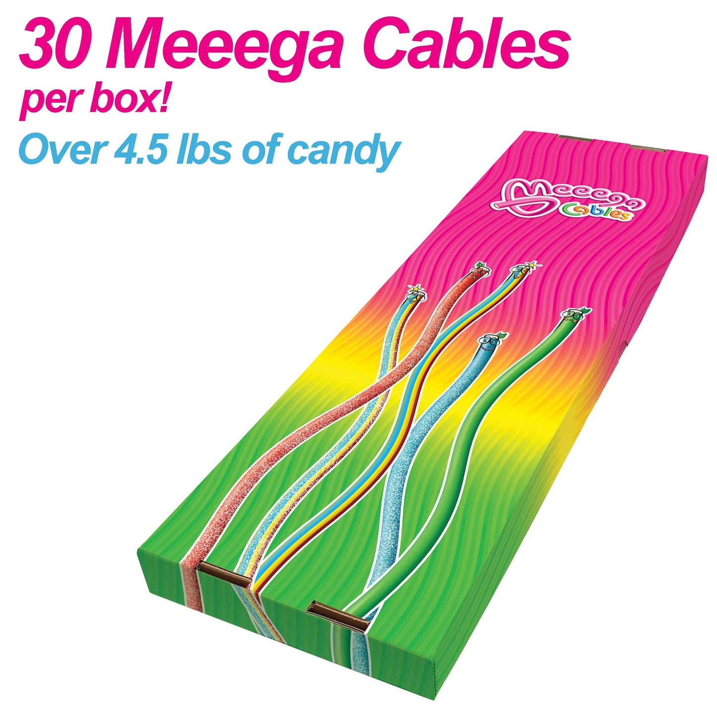 Novelty Concessions Meeega Cables European chewy rope candy - Box of 30 individually wrapped Meeega Cables, each over 2-feet long cups with lids and straws