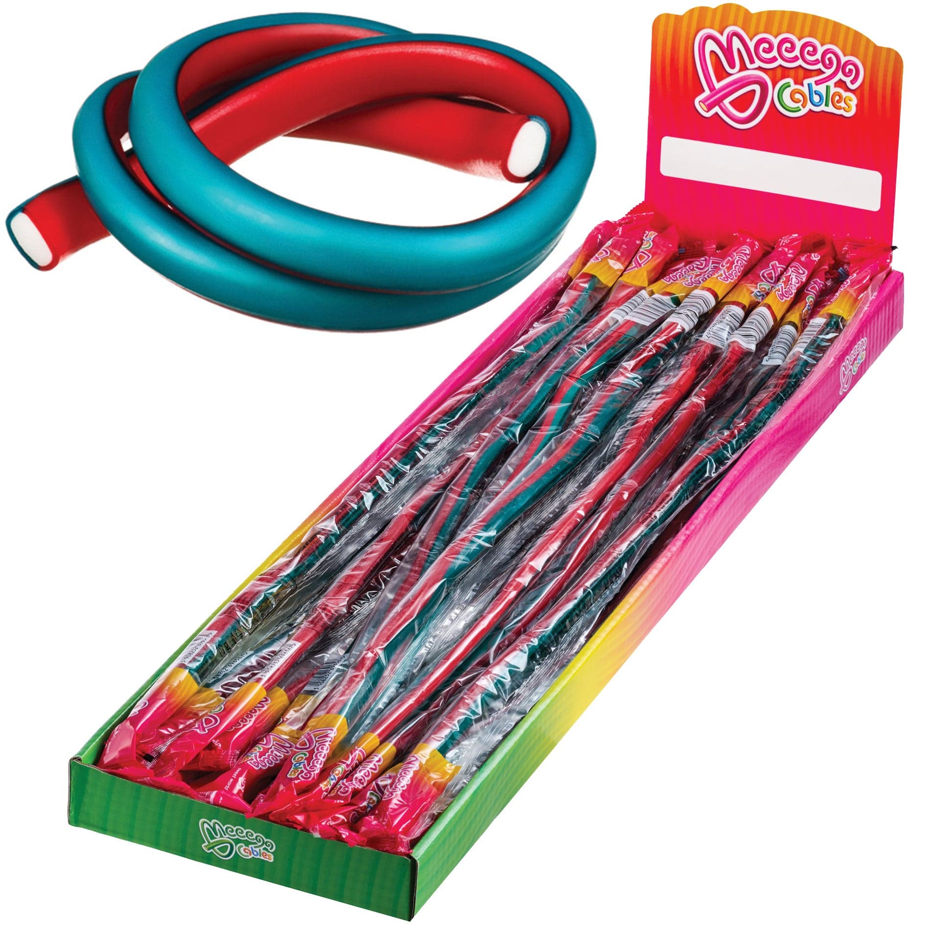 Sweet World USA Gummy Rope BLUEBERRY STRAWBERRY / 1 Pack (30 pieces) Meeega Cables - Chewy Rope Candy (Box of 30) cups with lids and straws