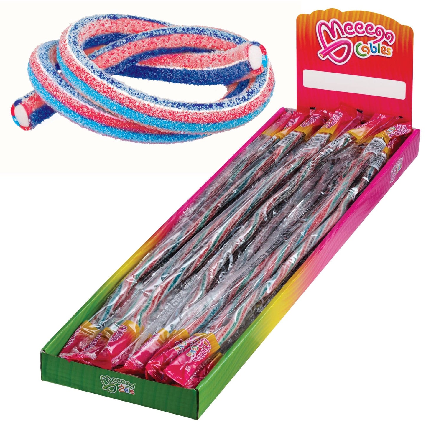 Sweet World USA Gummy Rope FIZZY BERRY / 1 Pack (30 pieces) Meeega Cables - Chewy Rope Candy (Box of 30) cups with lids and straws