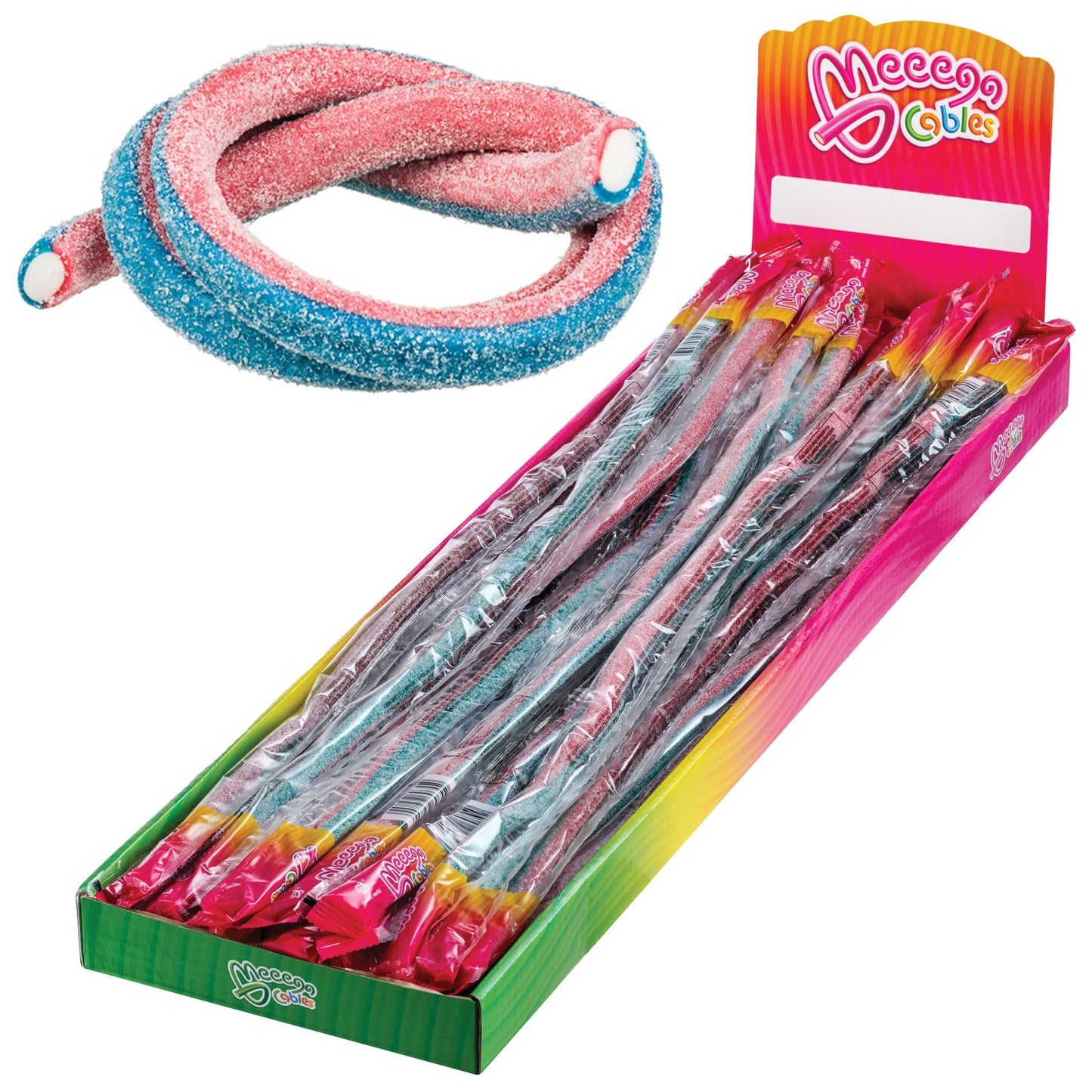 Sweet World USA Gummy Rope SOUR BLUEBERRY STRAWBERRY / 1 Pack (30 pieces) Meeega Cables - Chewy Rope Candy (Box of 30) cups with lids and straws