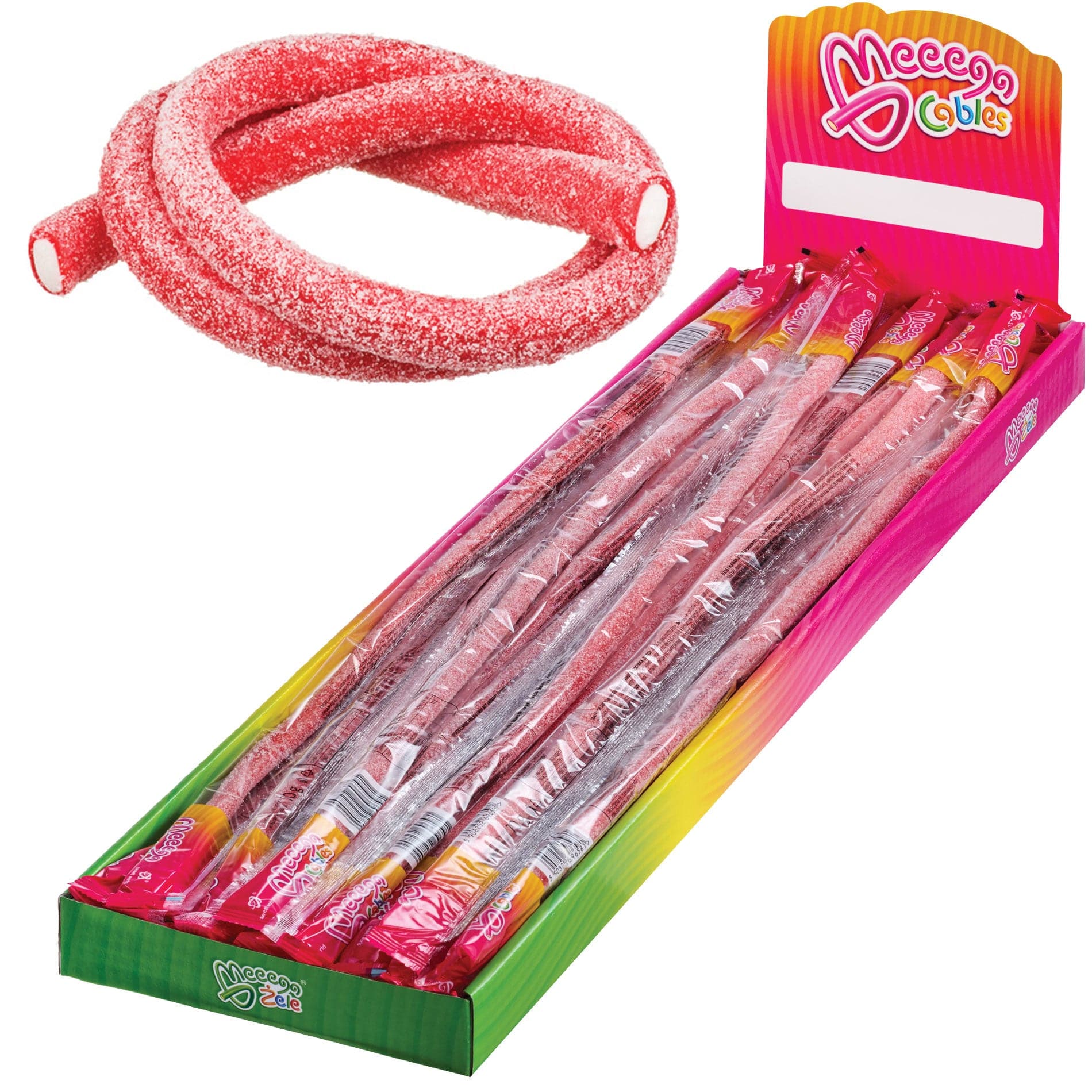 Sweet World USA Gummy Rope SOUR STRAWBERRY / 1 Pack (30 pieces) Meeega Cables - Chewy Rope Candy (Box of 30) cups with lids and straws