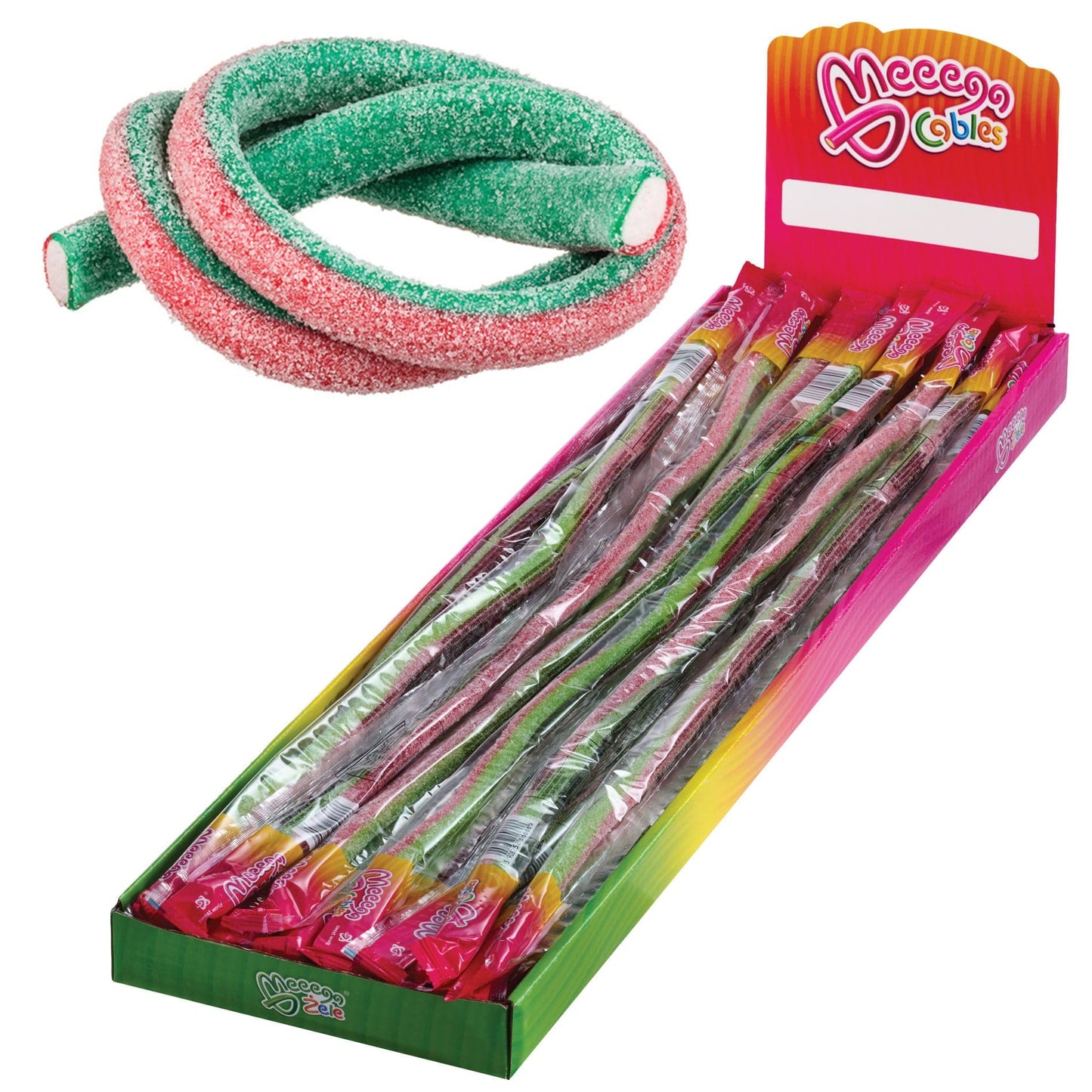 Sweet World USA Gummy Rope SOUR WATERMELON STRAWBERRY / 1 Pack (30 pieces) Meeega Cables - Chewy Rope Candy (Box of 30) cups with lids and straws