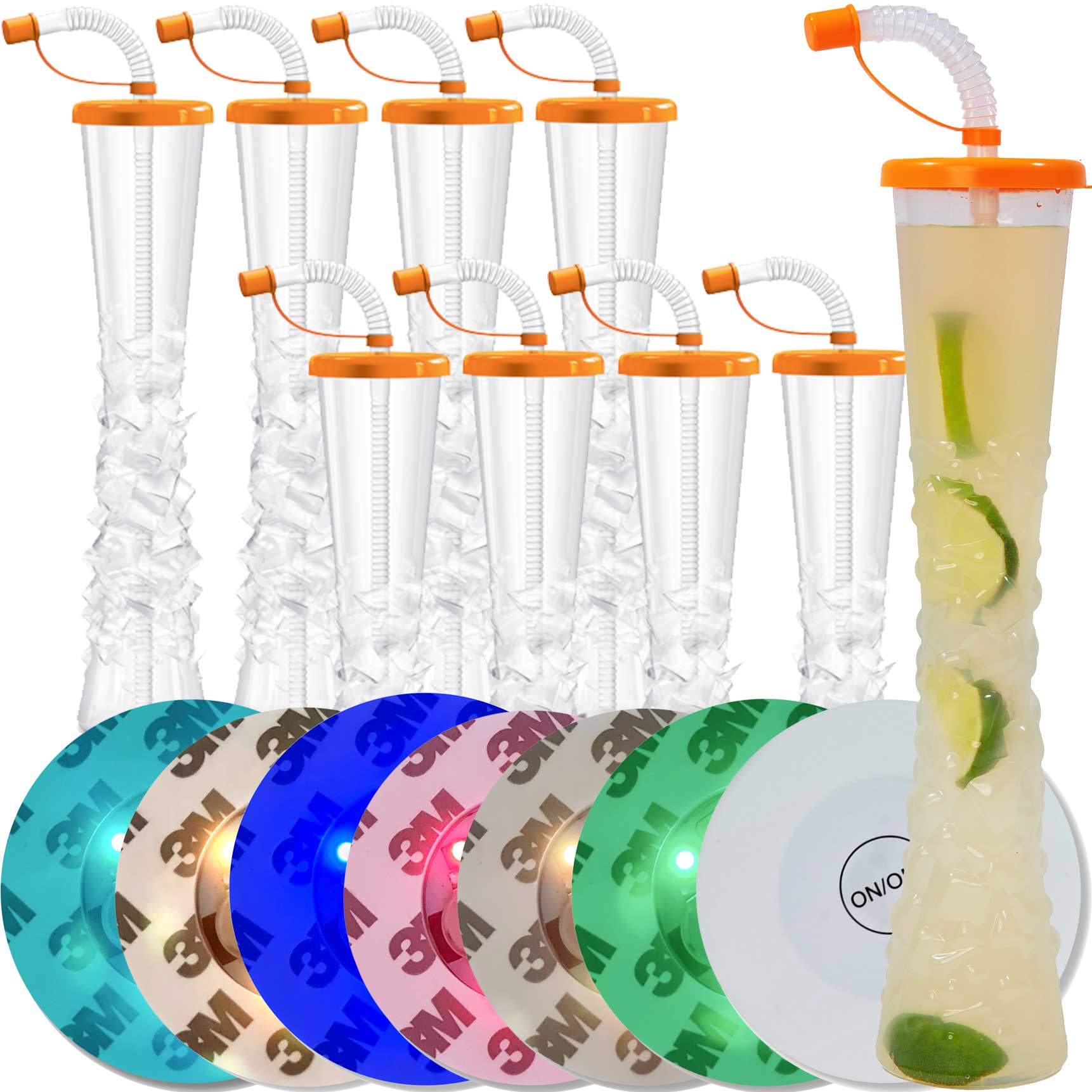 Sweet World USA Yard Cups Ice Yard Cups with LED Coasters (54 Cups - Orange) - for Frozen Drinks, Kids Parties - 17oz. (500ml) cups with lids and straws